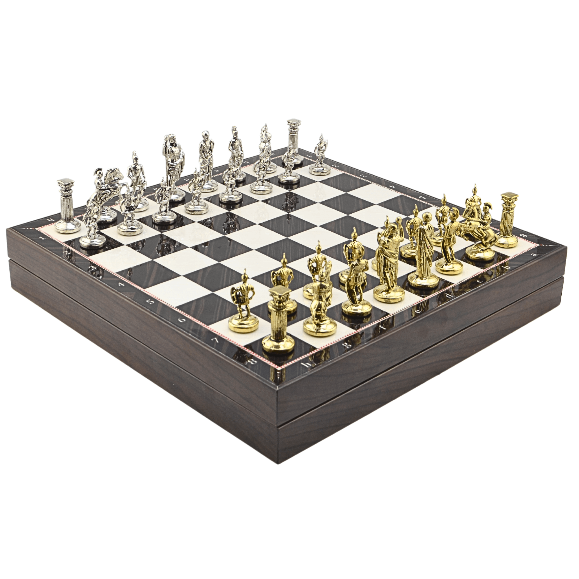 GiftHome Orta Boy Metal ROMA İMPARATORLUĞU Satranç Tk. Parlak ve Ceviz Desenli Sandıklı MDF Tahtası(36X36X6 cm.) 