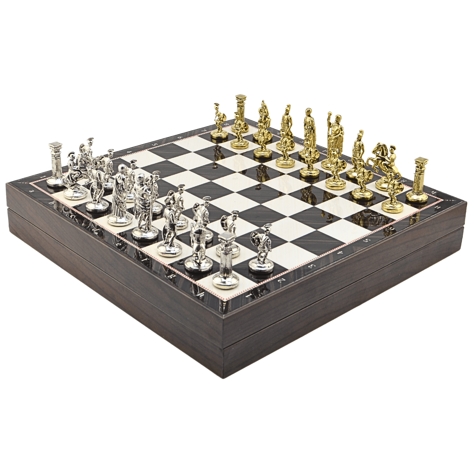 GiftHome Orta Boy Metal ROMA İMPARATORLUĞU Satranç Tk. Parlak ve Ceviz Desenli Sandıklı MDF Tahtası(36X36X6 cm.) 