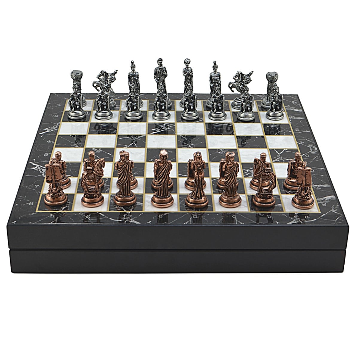 GiftHome Orta Boy Metal Truva-Sparta Satranç Takımı Antik ve Mermer Desenli Sandıklı MDF Tahtası (36x36x6 cm.)