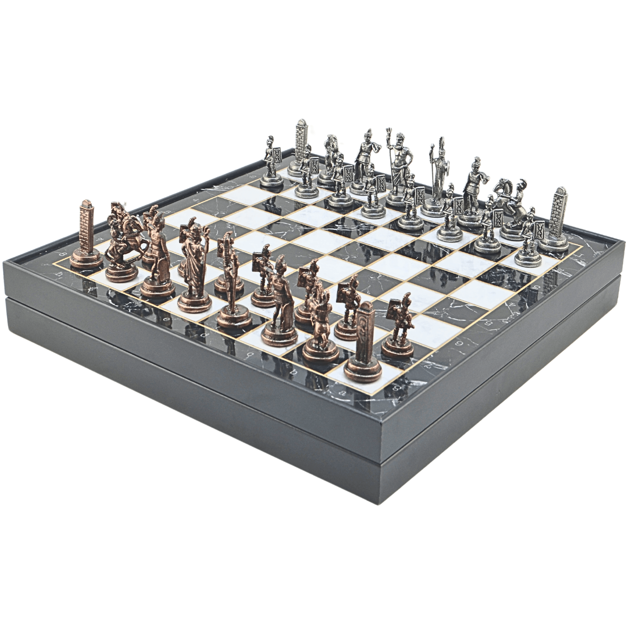 GiftHome Orta Boy Metal YUNAN MİTOLOJİSİ Satranç Tk. Antik ve Mermer Desenli Sandıklı MDF Tahtası(36X36 cm.) 