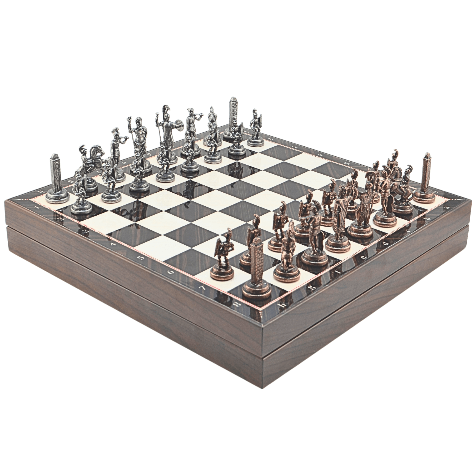 GiftHome Orta Boy Metal YUNAN MİTOLOJİSİ Satranç Tk. Antik ve Ceviz Desenli Sandıklı MDF Tahtası(36X36 cm.) 