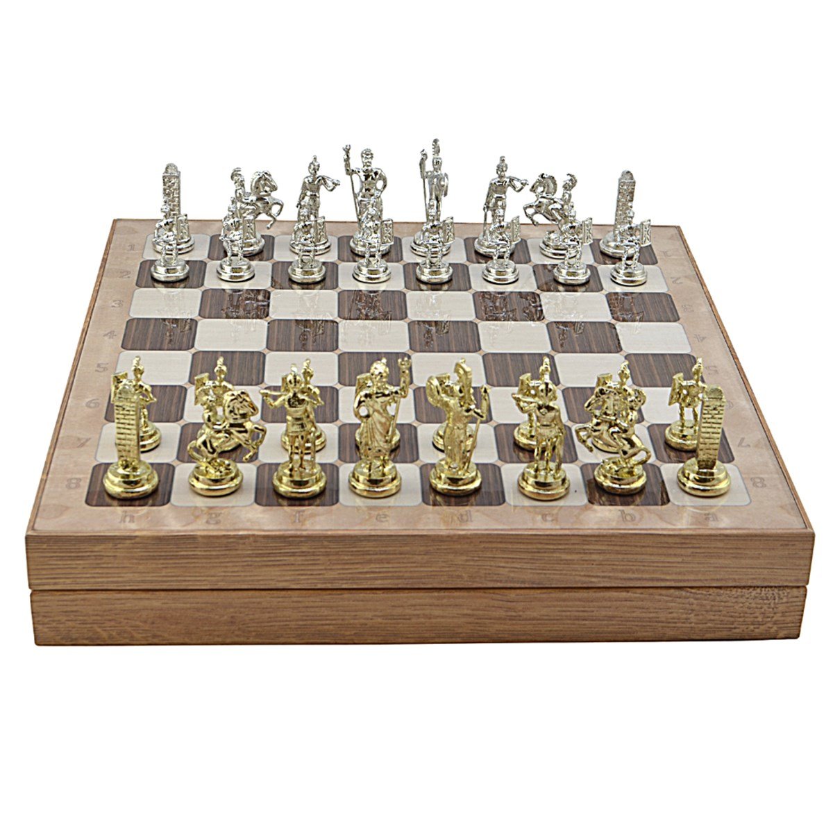 GiftHome Orta Boy Metal Yunan Satranç Takımı Parlak ve Rustik Desenli Sandıklı MDF Tahtası (36x36x6 cm.)
