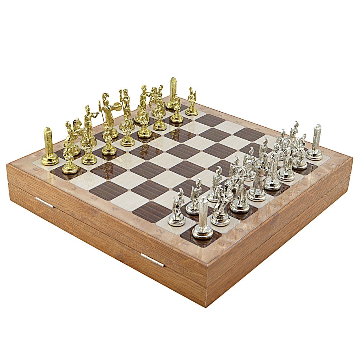 GiftHome Orta Boy Metal Yunan Satranç Takımı Parlak ve Rustik Desenli Sandıklı MDF Tahtası (36x36x6 cm.)