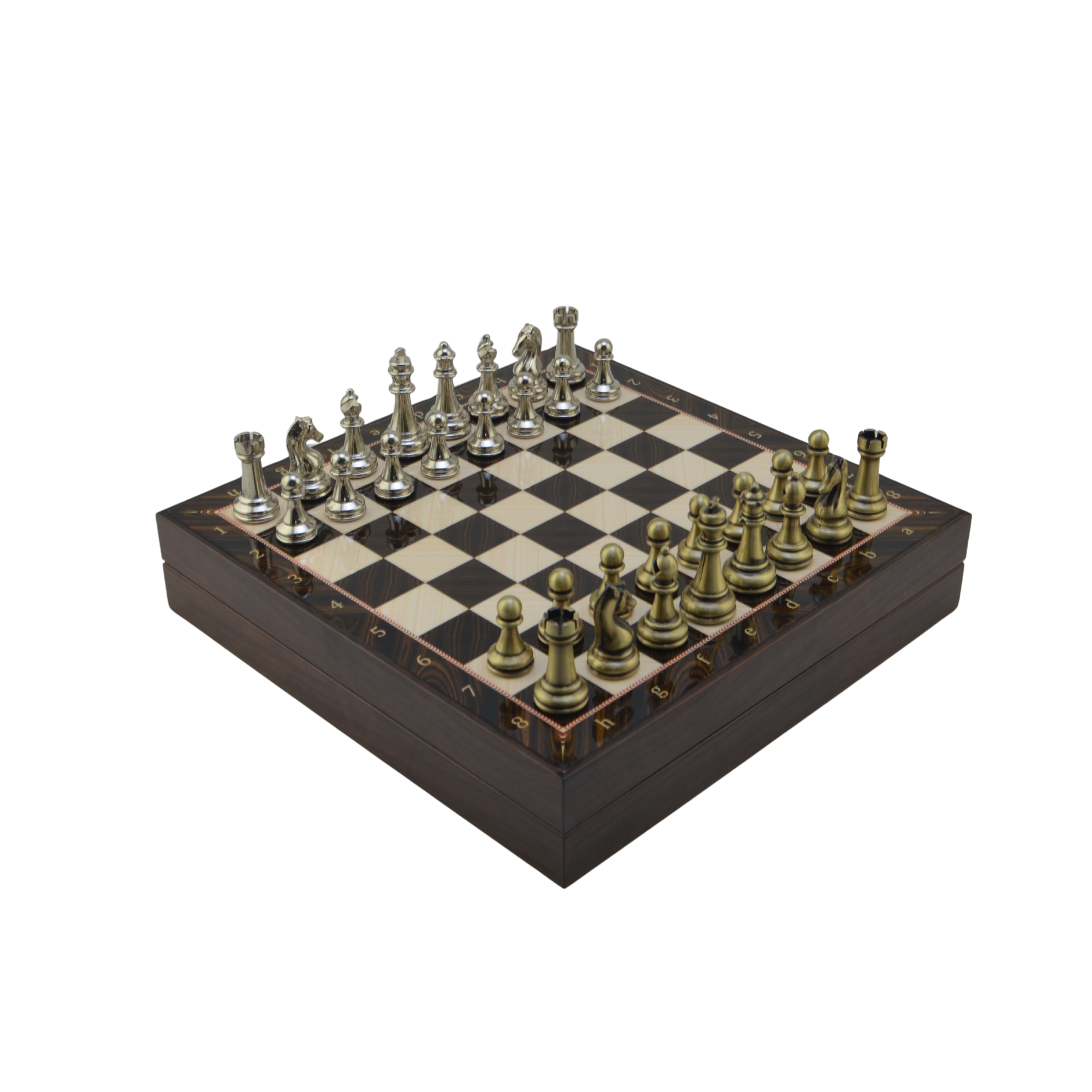 GiftHome Orta Boy Parlak Metal Klasik Satranç Takımı ve Ceviz Desenli Sandıklı MDF Tahtası (30X30X6 cm.)