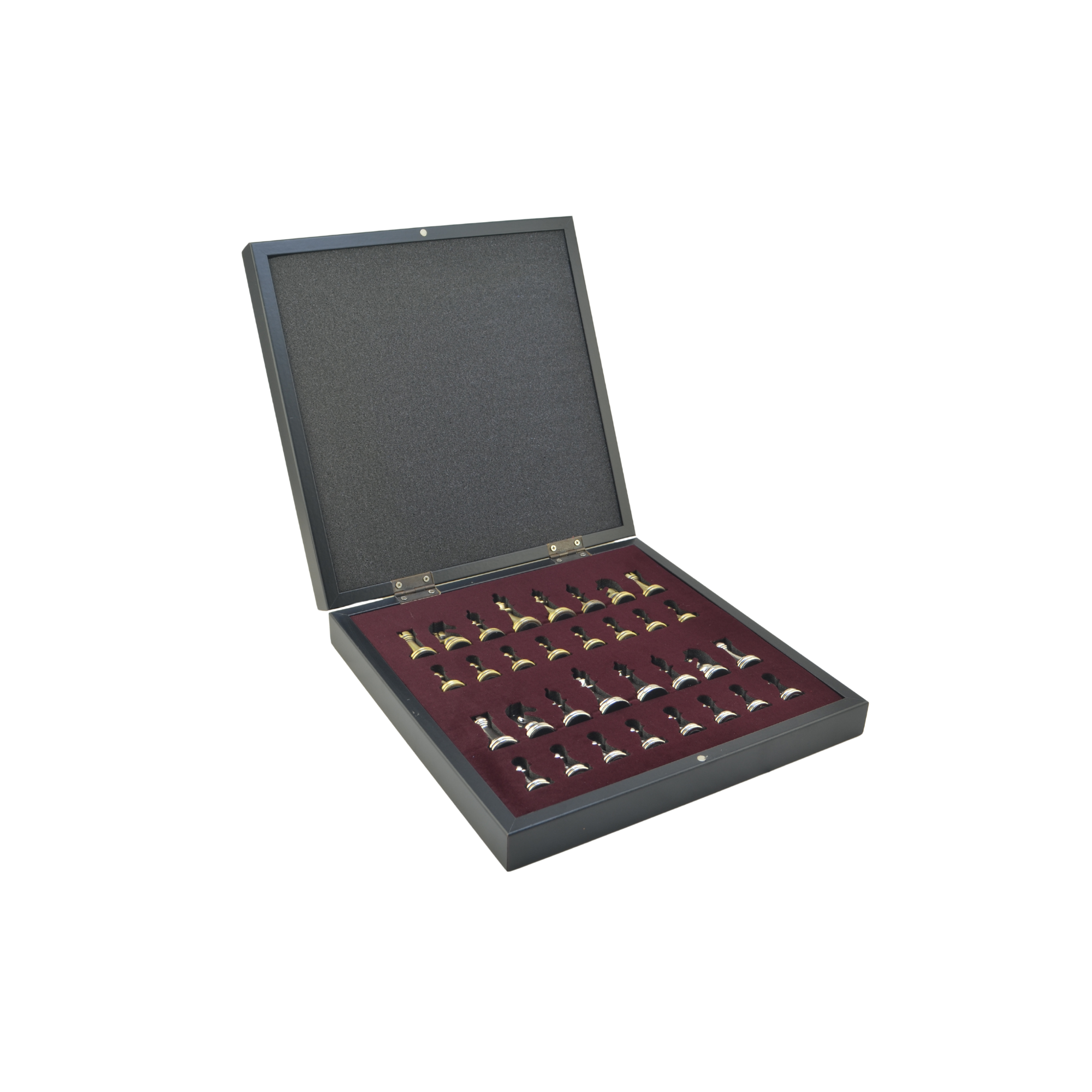 GiftHome Orta Boy Parlak Metal Klasik Satranç Takımı ve Mermer Desenli Sandıklı MDF Tahtası (30X30X6 cm.)