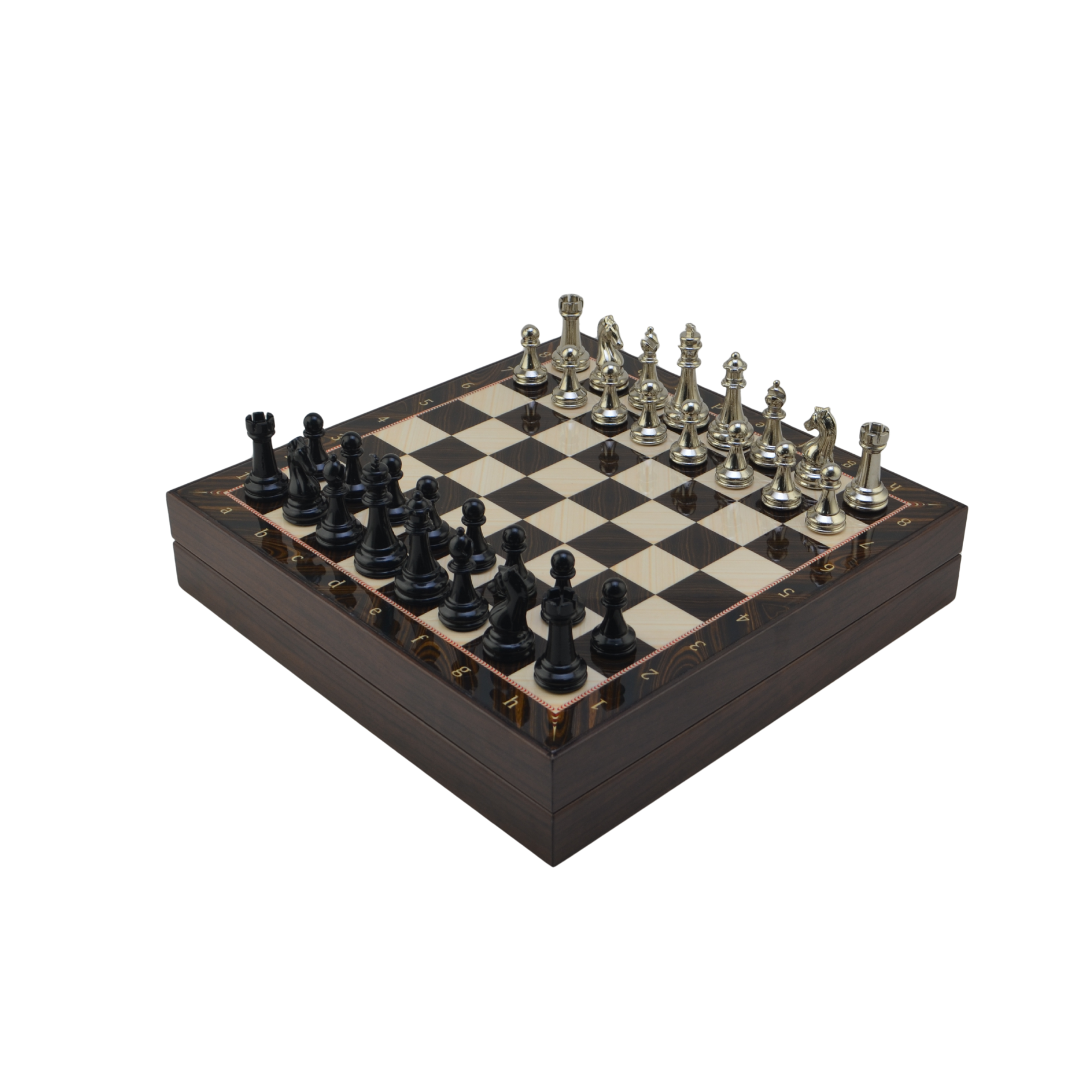 GiftHome Orta Boy Premium Black Metal Klasik Satranç Takımı ve Ceviz Desenli Sandıklı MDF Tahtası (30X30X6 cm.)