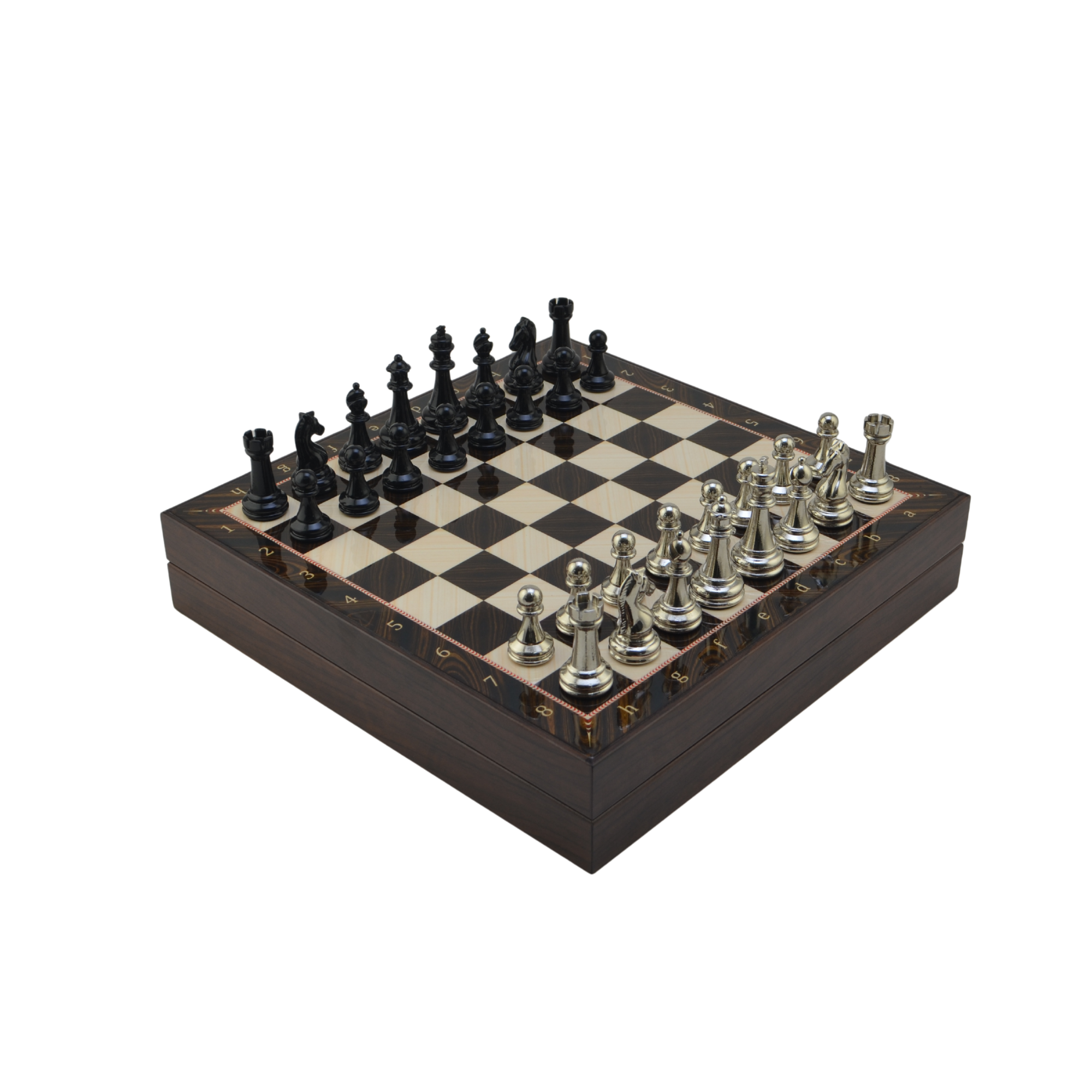 GiftHome Orta Boy Premium Black Metal Klasik Satranç Takımı ve Ceviz Desenli Sandıklı MDF Tahtası (30X30X6 cm.)