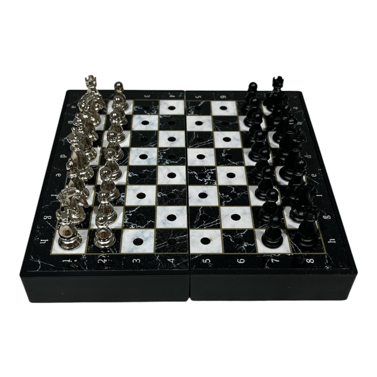 GiftHome Pocket Serisi Küçük Boy Metal Black Taş ve Mermer Desenli Kutulu Klasik Satranç Takımı (13,5 X 13,5 cm.)