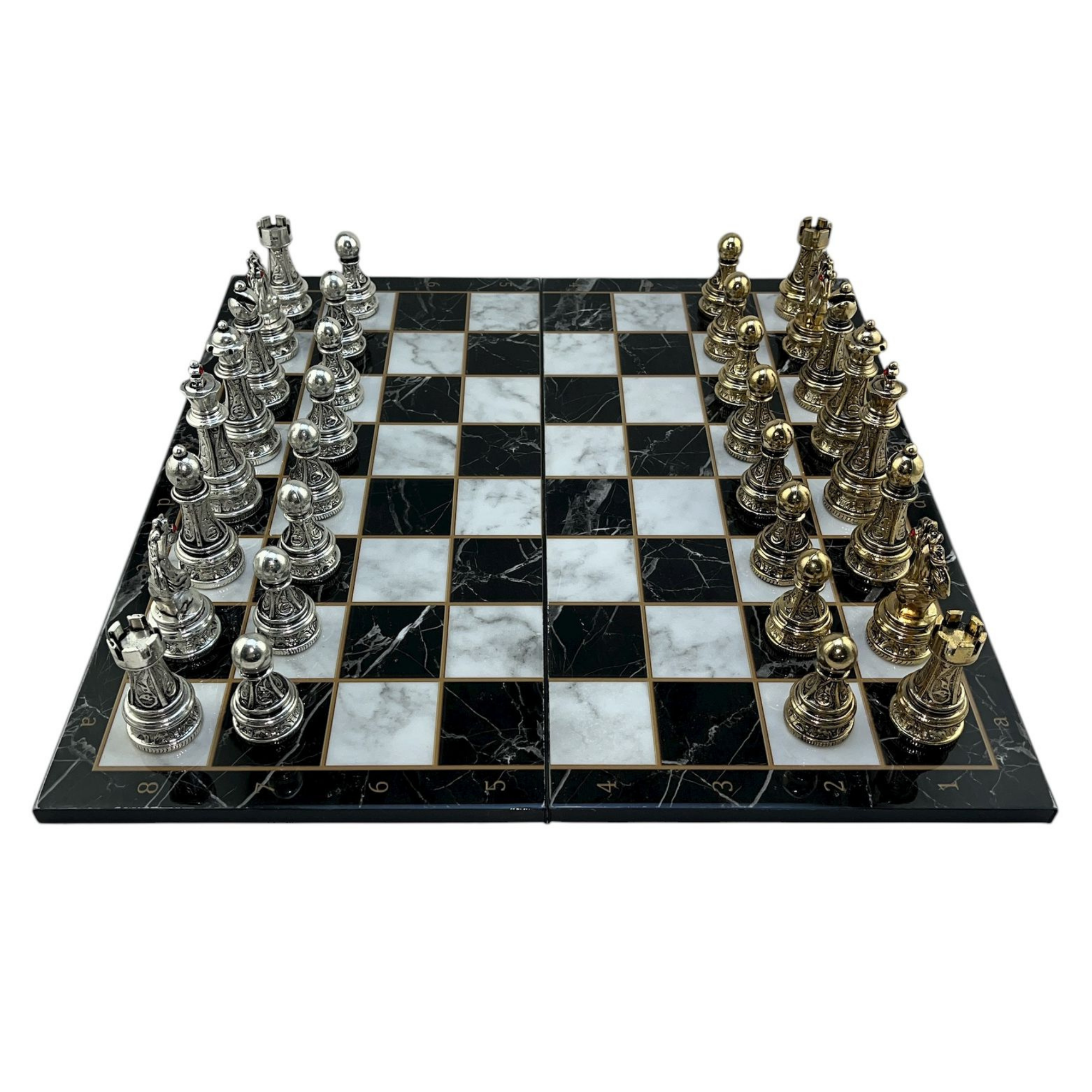 GiftHome Premium Battal Boy Metal İŞLEMELİ KLASİK Satranç Takımı  ve Katlanır Mermer Desenli MDF Satranç Tahtası (43X43 cm.)