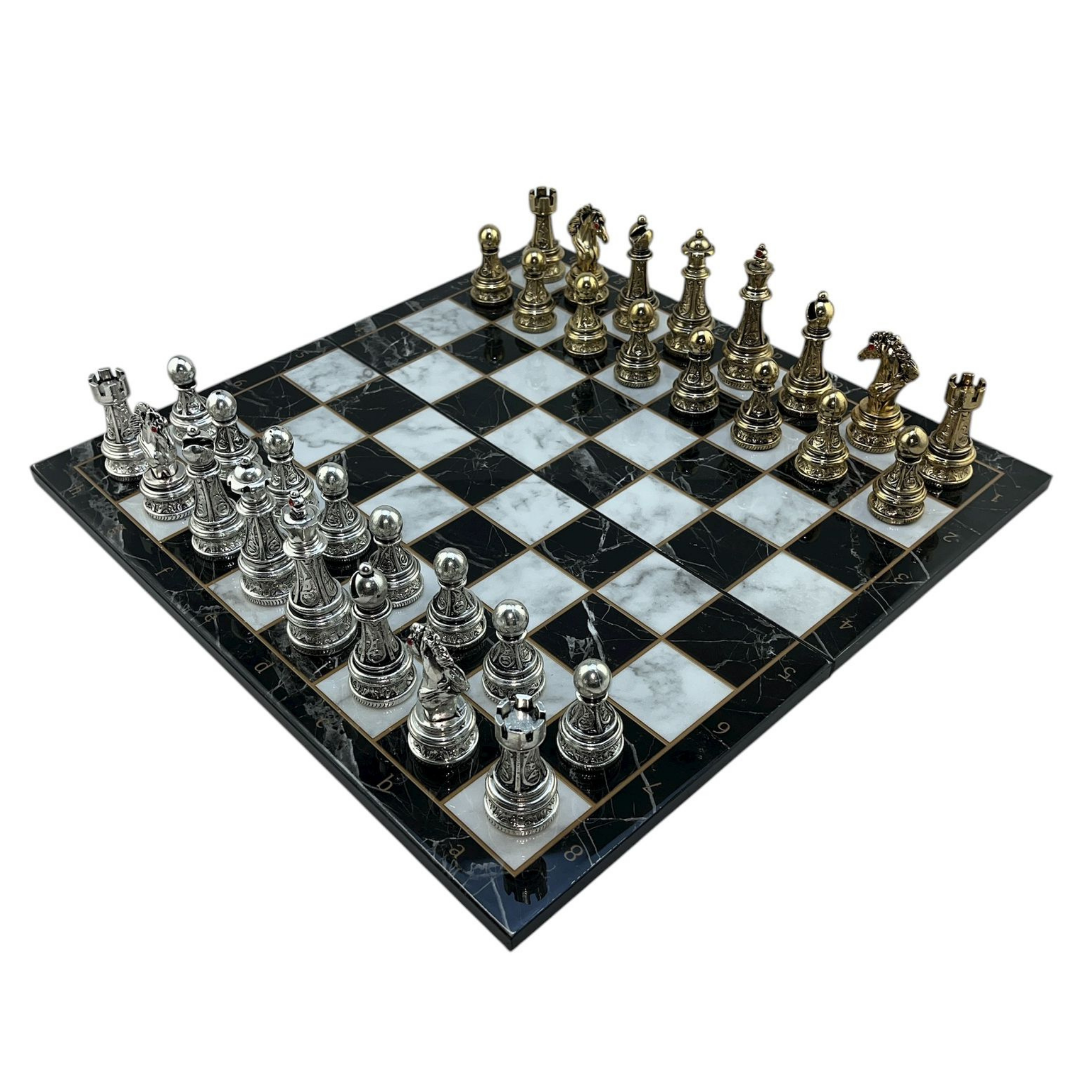 GiftHome Premium Battal Boy Metal İŞLEMELİ KLASİK Satranç Takımı  ve Katlanır Mermer Desenli MDF Satranç Tahtası (43X43 cm.)