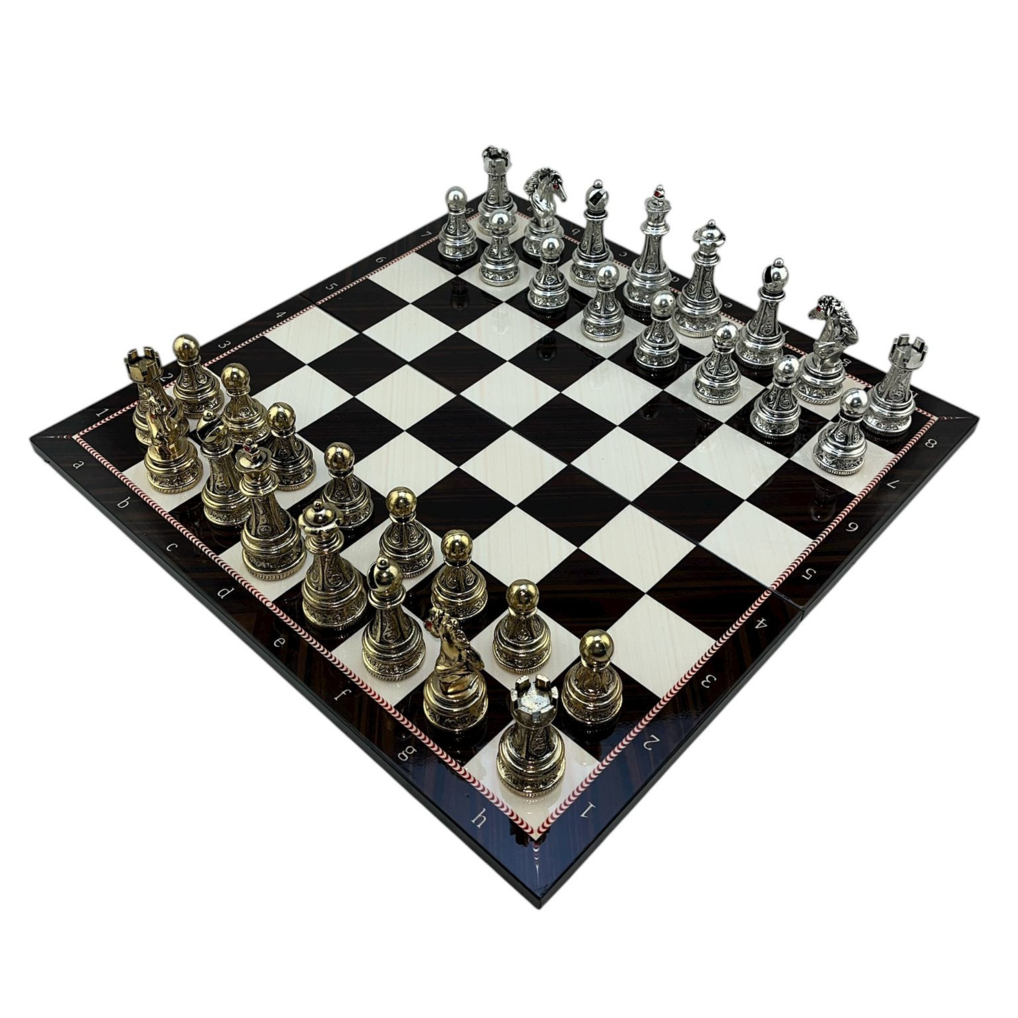 GiftHome Premium Battal Boy Metal İŞLEMELİ KLASİK Satranç Takımı  ve Katlanır Ceviz Desenli MDF Satranç Tahtası (43X43 cm.)