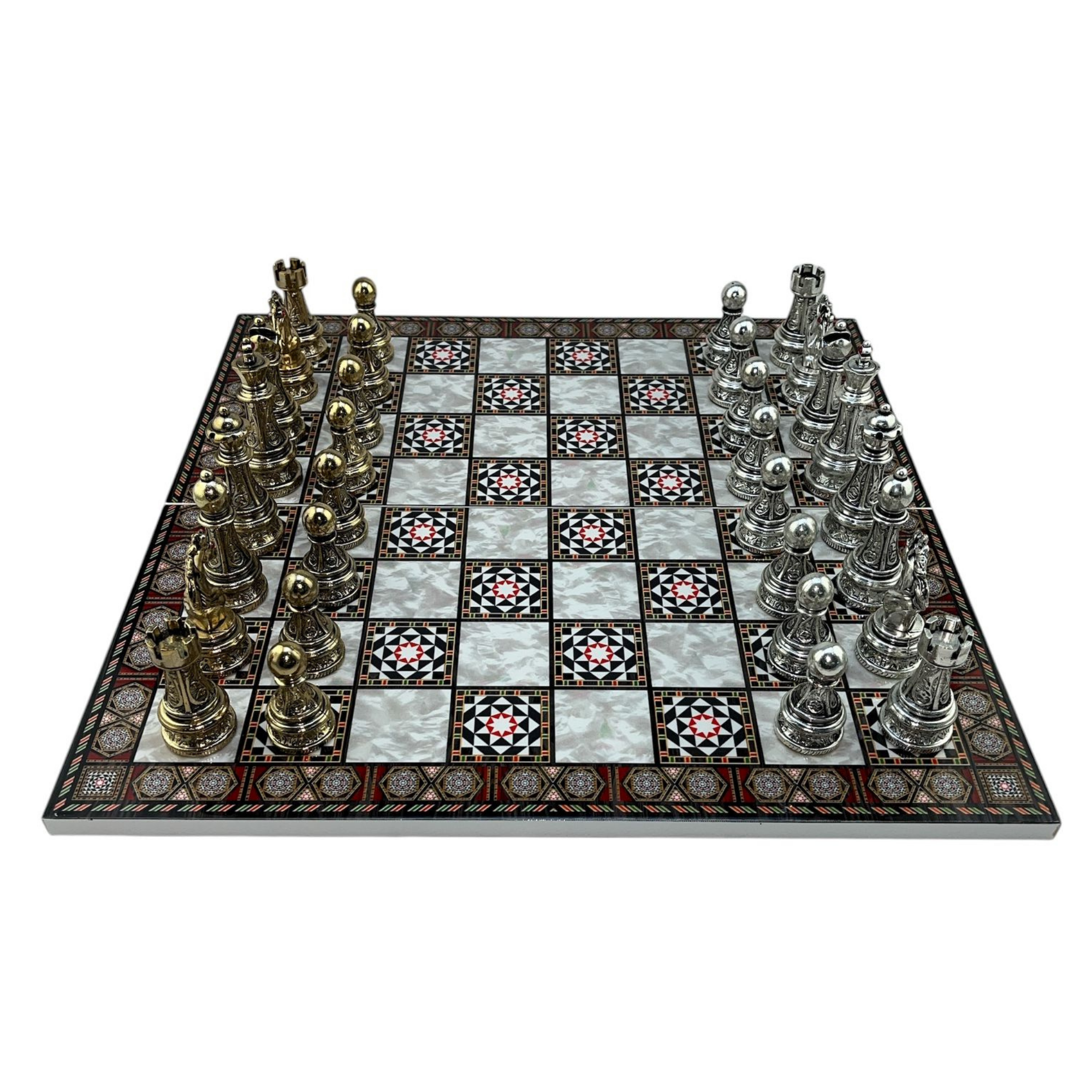 GiftHome Premium Battal Boy Metal İŞLEMELİ KLASİK Satranç Takımı  ve Katlanır Sedef Desenli MDF Satranç Tahtası (43X43 cm.)