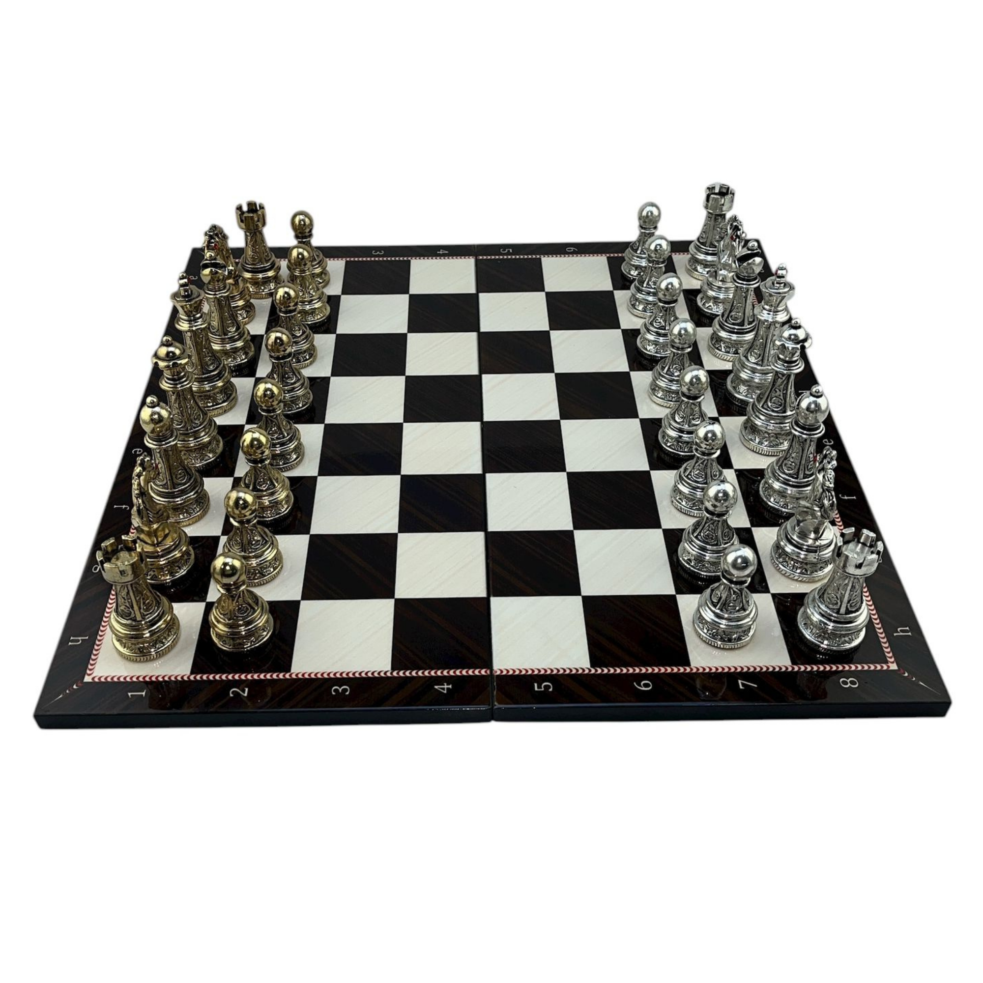 GiftHome Premium Battal Boy Metal İŞLEMELİ KLASİK Satranç Takımı  ve Katlanır Ceviz Desenli MDF Satranç Tahtası (43X43 cm.)