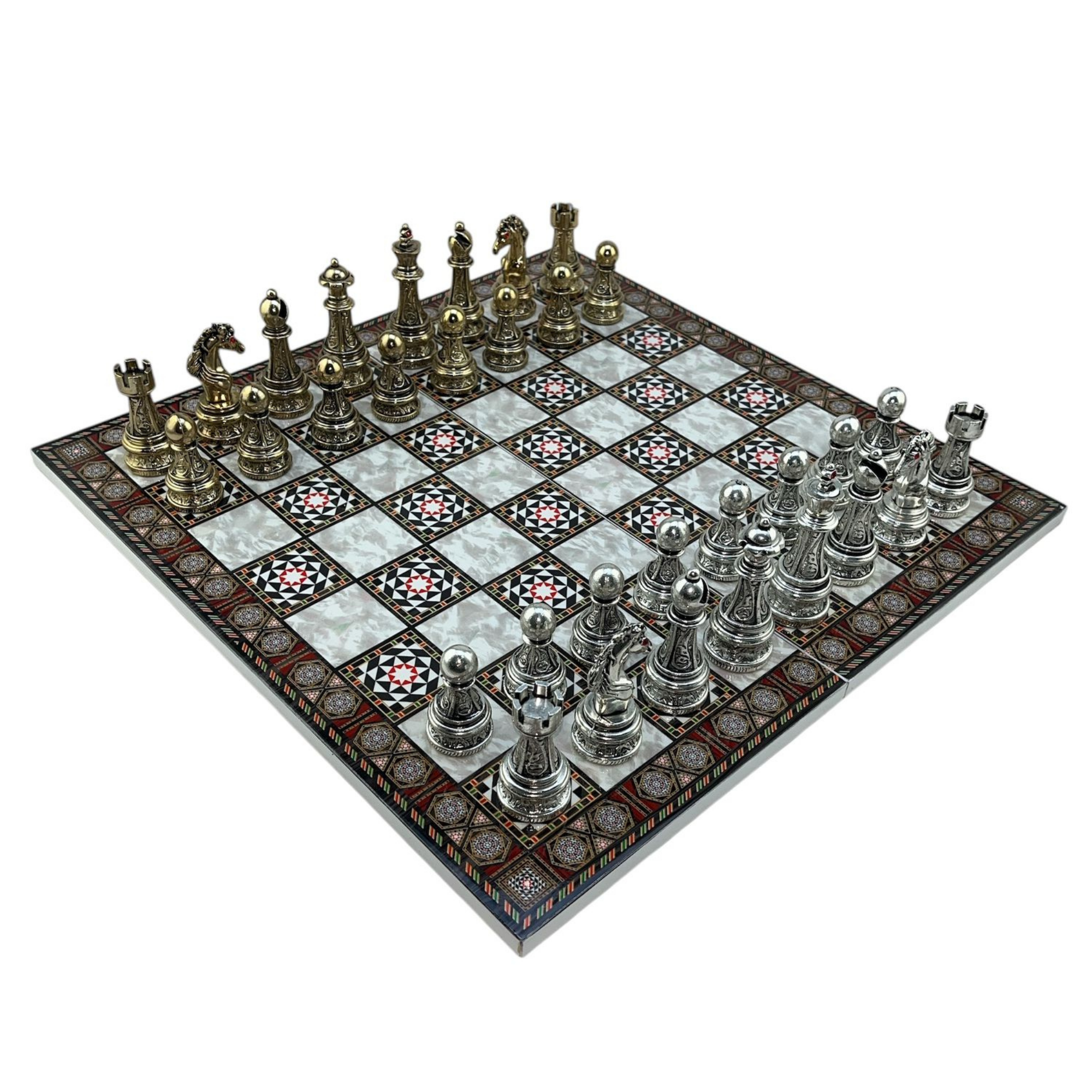 GiftHome Premium Battal Boy Metal İŞLEMELİ KLASİK Satranç Takımı  ve Katlanır Sedef Desenli MDF Satranç Tahtası (43X43 cm.)