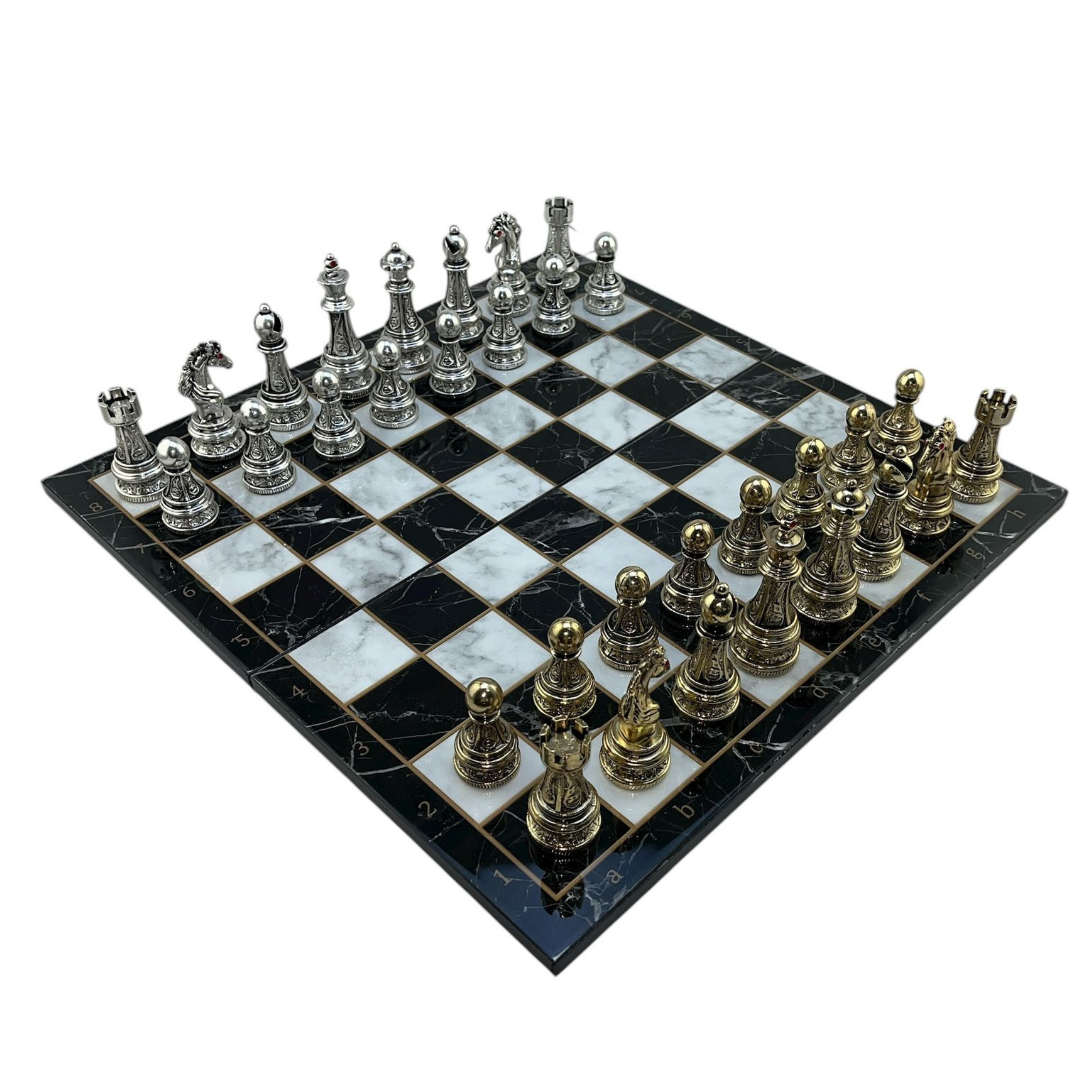 GiftHome Premium Battal Boy Metal İŞLEMELİ KLASİK Satranç Takımı  ve Katlanır Mermer Desenli MDF Satranç Tahtası (43X43 cm.)