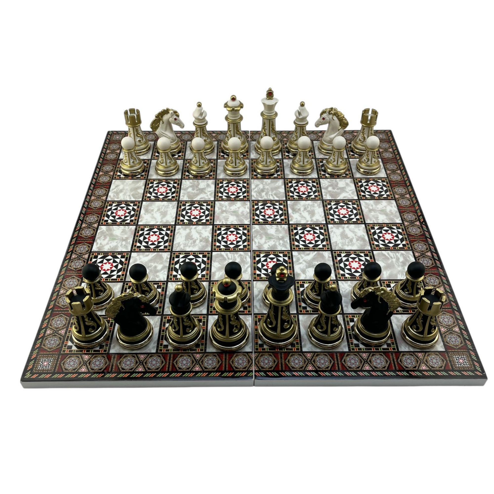 GiftHome Premium Battal Boy POLYESTER İŞLEMELİ KLASİK Satranç Takımı  ve Katlanır Sedef Desenli MDF Satranç Tahtası (43X43 cm.)