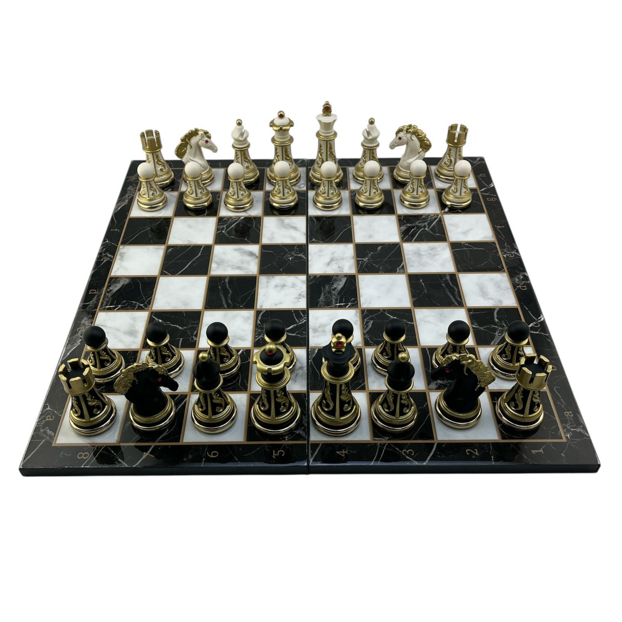 GiftHome Premium Battal Boy POLYESTER İŞLEMELİ KLASİK Satranç Takımı  ve Katlanır Mermer Desenli MDF Satranç Tahtası (43X43 cm.)