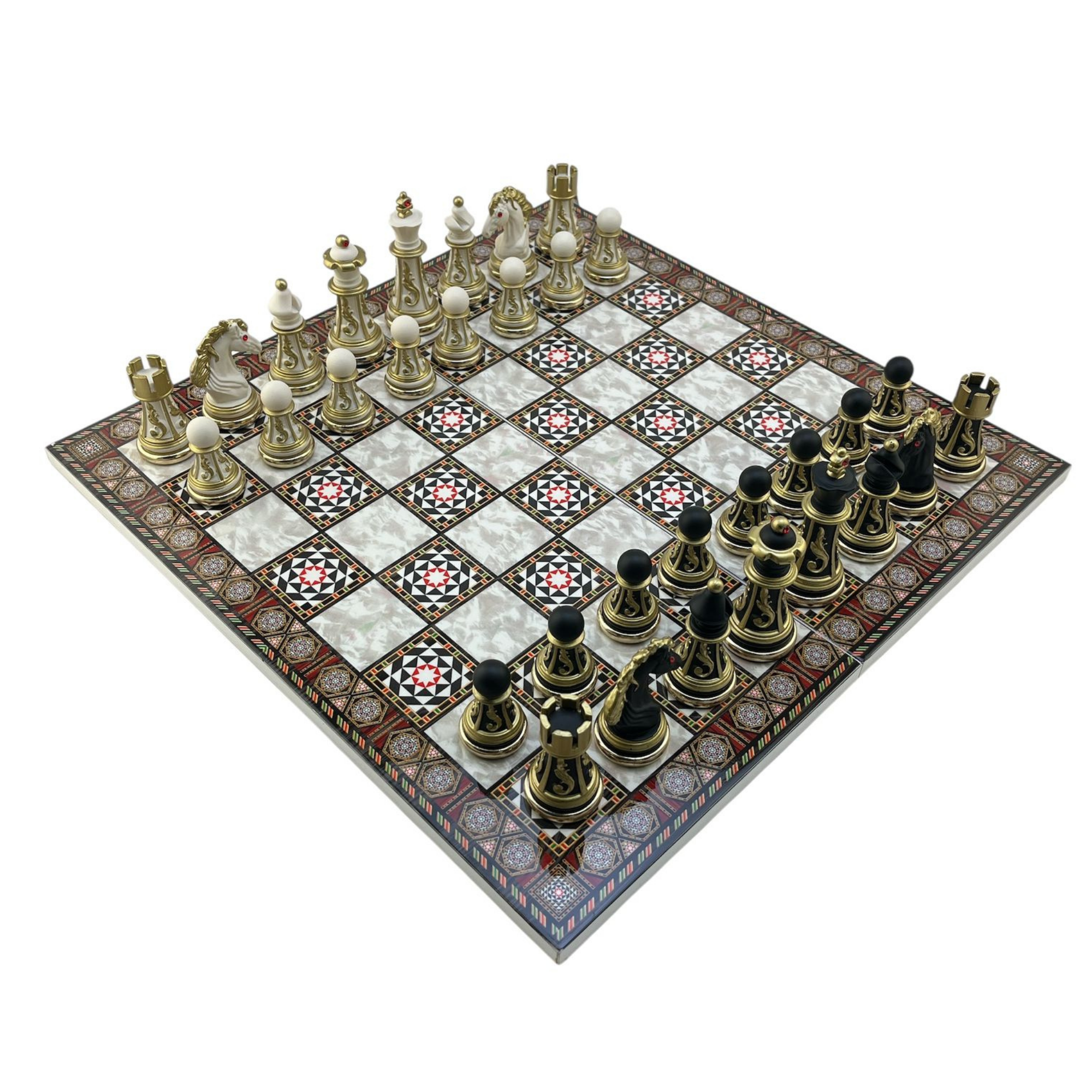 GiftHome Premium Battal Boy POLYESTER İŞLEMELİ KLASİK Satranç Takımı  ve Katlanır Sedef Desenli MDF Satranç Tahtası (43X43 cm.)