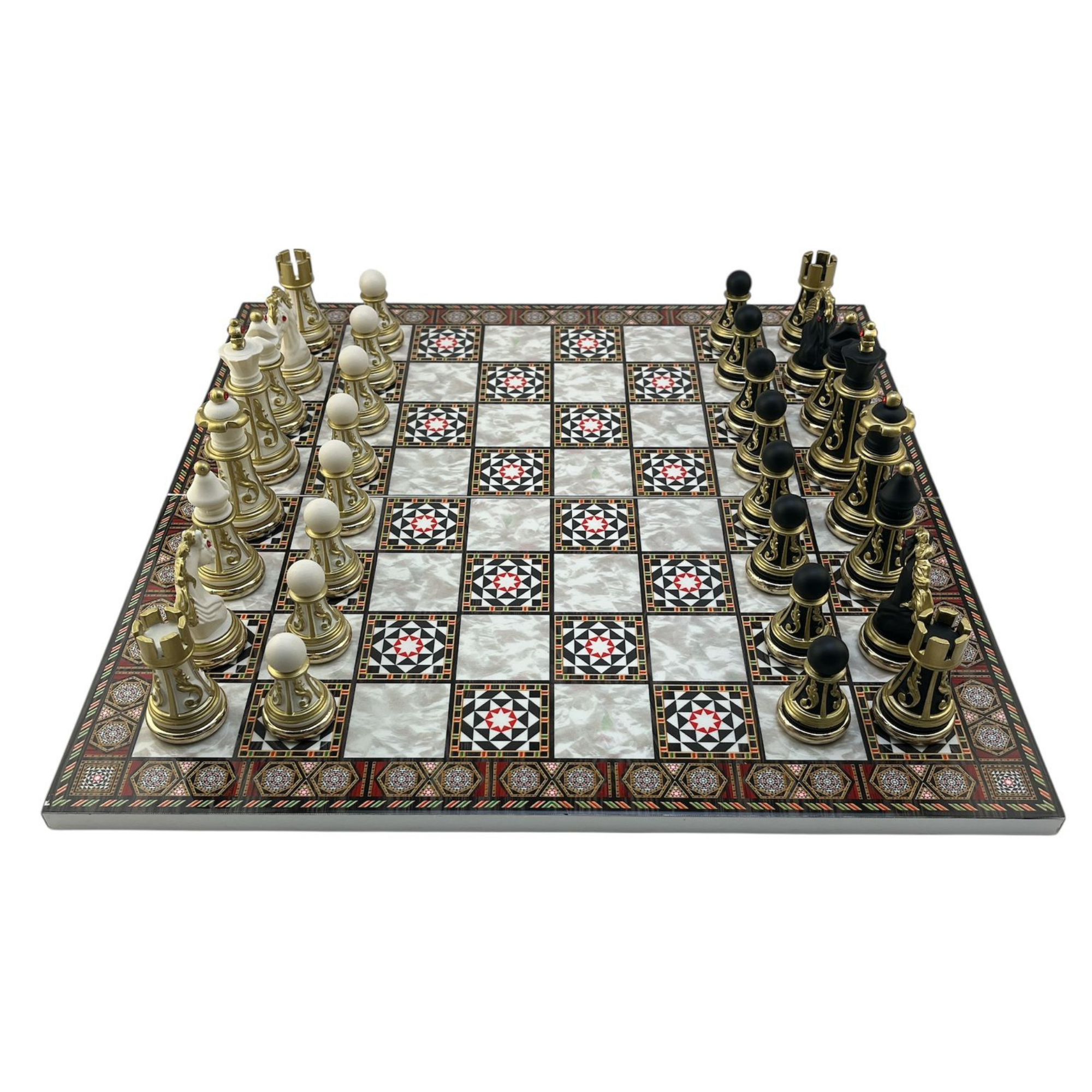 GiftHome Premium Battal Boy POLYESTER İŞLEMELİ KLASİK Satranç Takımı  ve Katlanır Sedef Desenli MDF Satranç Tahtası (43X43 cm.)