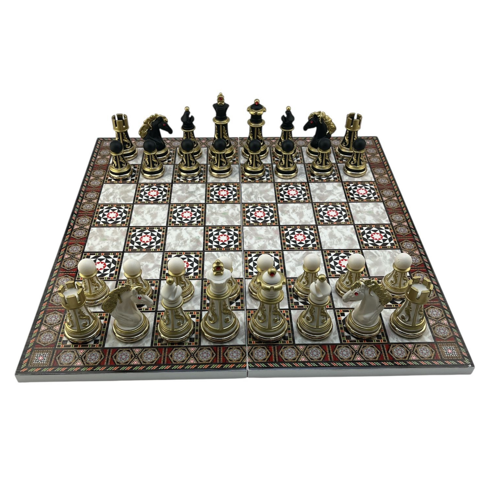 GiftHome Premium Battal Boy POLYESTER İŞLEMELİ KLASİK Satranç Takımı  ve Katlanır Sedef Desenli MDF Satranç Tahtası (43X43 cm.)