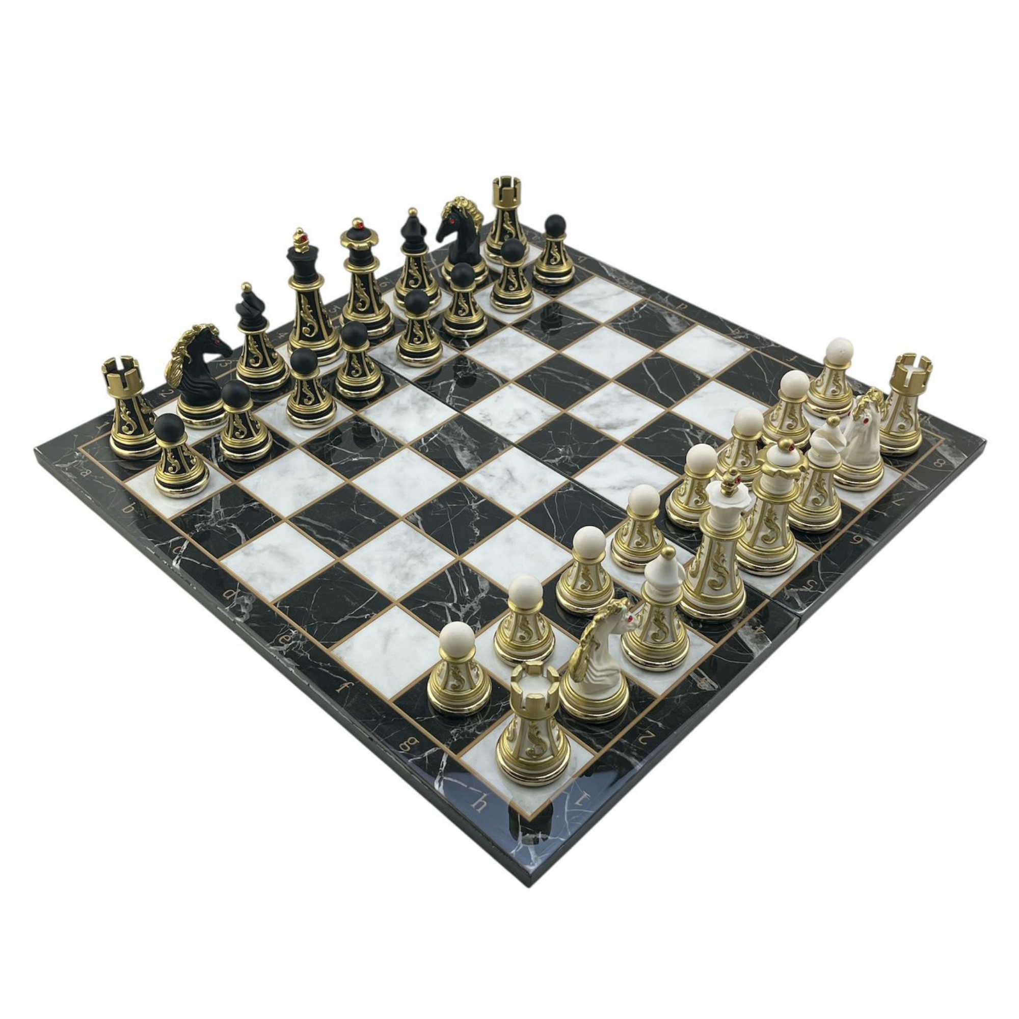 GiftHome Premium Battal Boy POLYESTER İŞLEMELİ KLASİK Satranç Takımı  ve Katlanır Mermer Desenli MDF Satranç Tahtası (43X43 cm.)