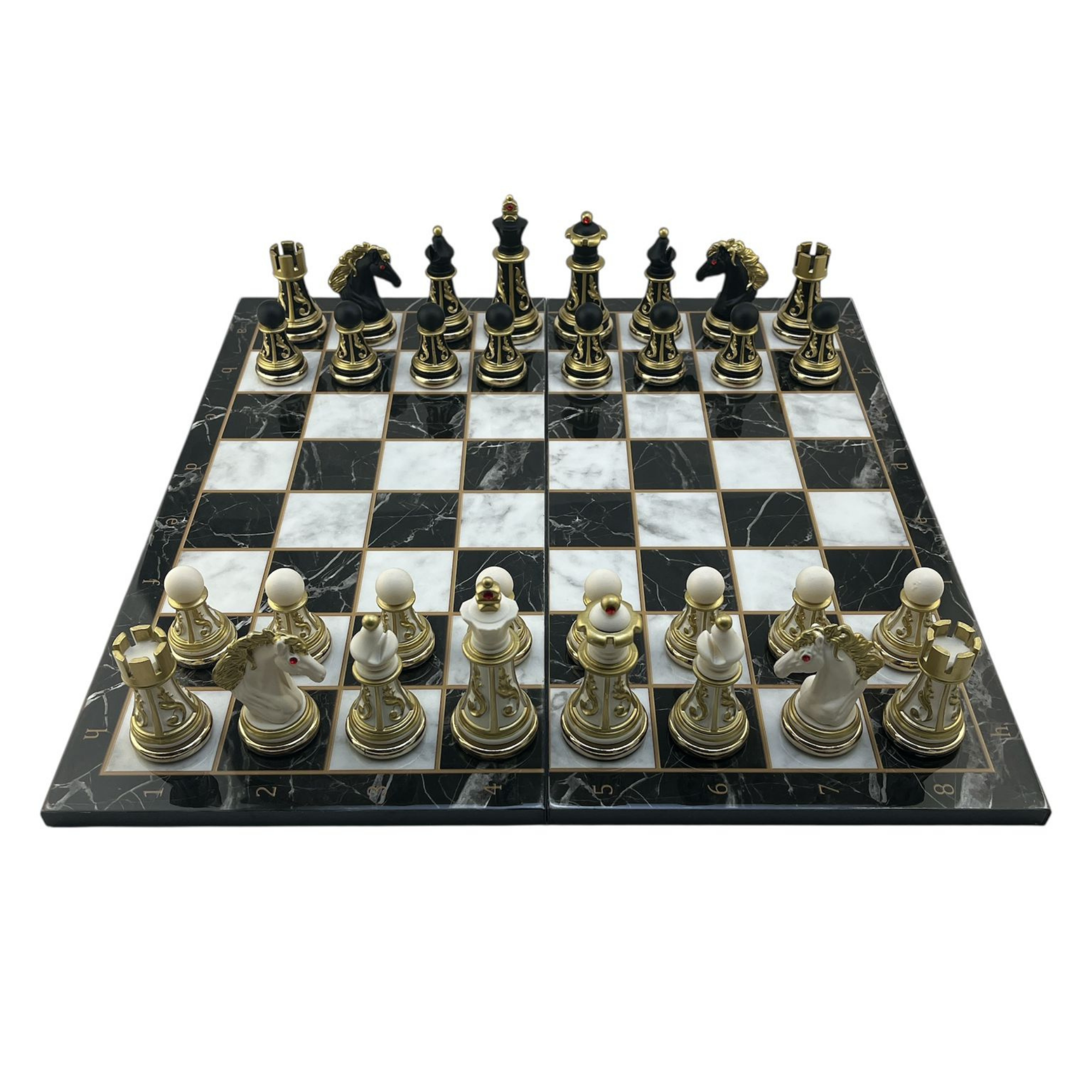 GiftHome Premium Battal Boy POLYESTER İŞLEMELİ KLASİK Satranç Takımı  ve Katlanır Mermer Desenli MDF Satranç Tahtası (43X43 cm.)