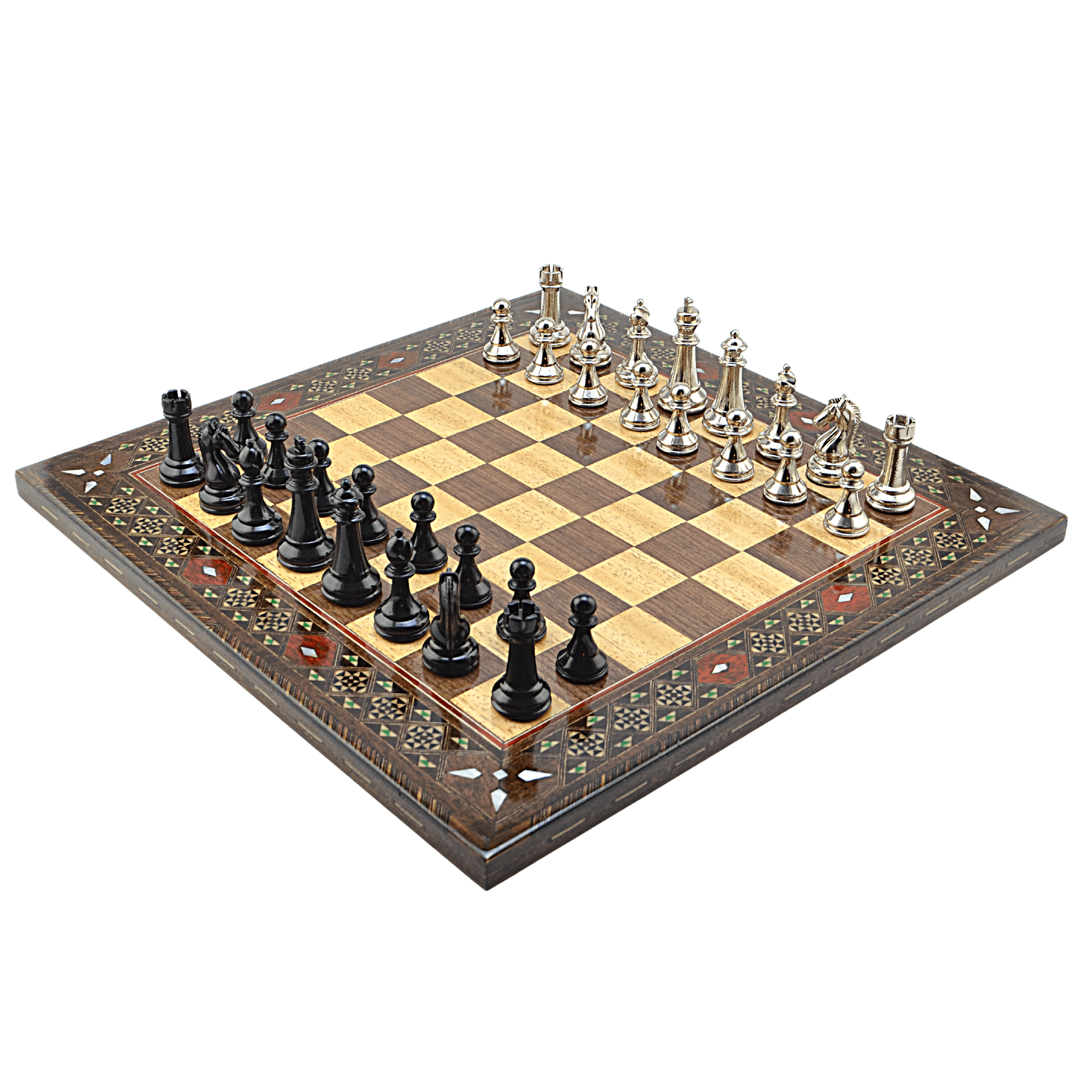 GiftHome Premium Black Metal Klasik Satranç Takımı ve El İmali Masif Ahşap DÜZ (Ceviz) Tahtası (45X45X2 cm.)