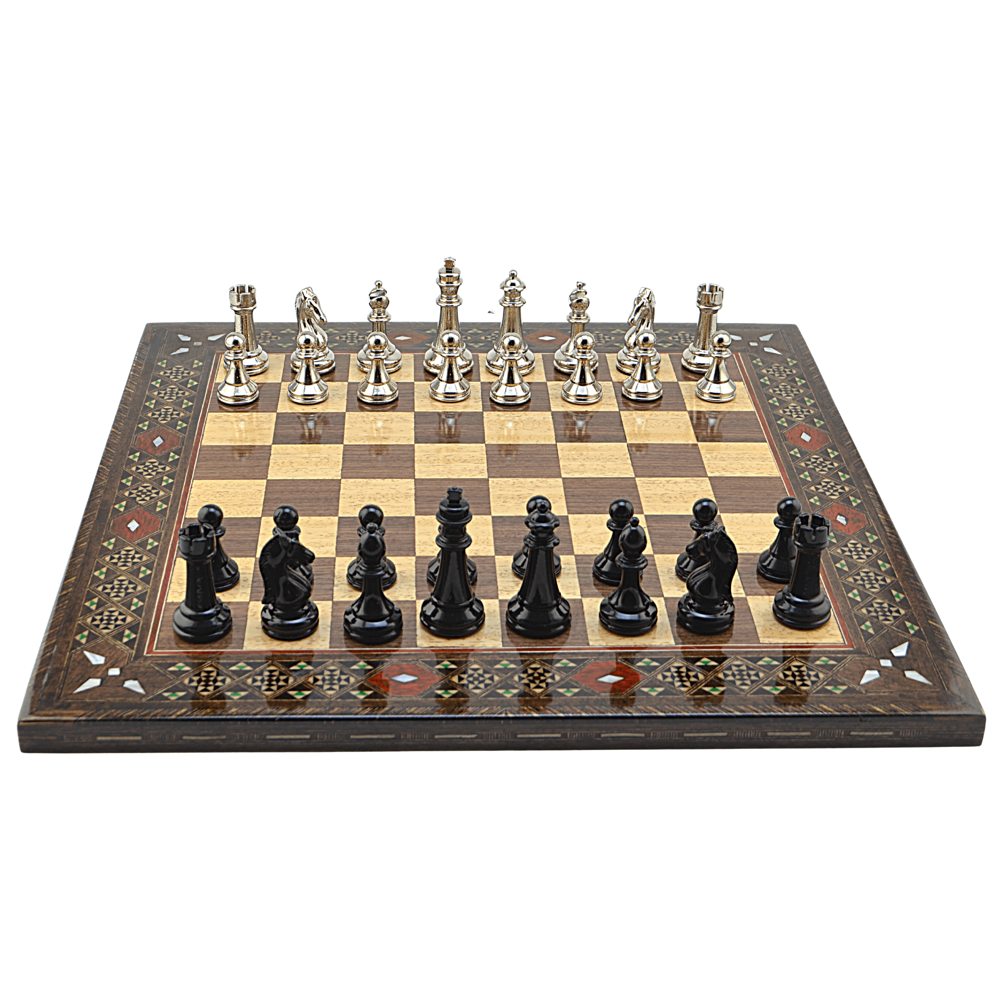 GiftHome Premium Black Metal Klasik Satranç Takımı ve El İmali Masif Ahşap DÜZ (Ceviz) Tahtası (45X45X2 cm.)