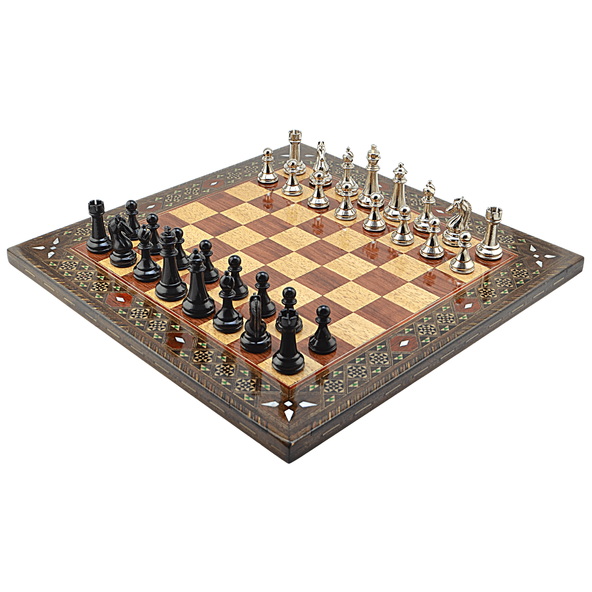 GiftHome Premium Black Metal Klasik Satranç Takımı ve El İmali Masif Ahşap DÜZ (Gül) Tahtası (45X45X2 cm.)