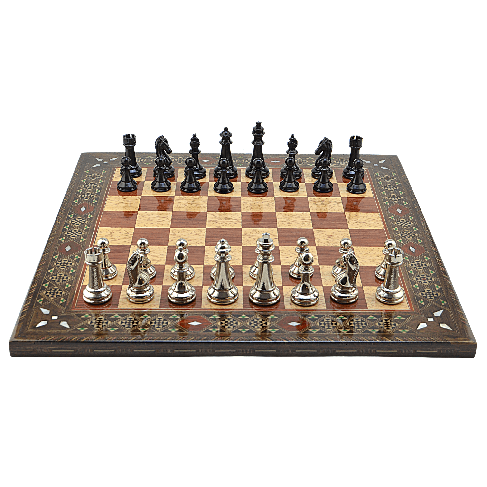 GiftHome Premium Black Metal Klasik Satranç Takımı ve El İmali Masif Ahşap DÜZ (Gül) Tahtası (45X45X2 cm.)