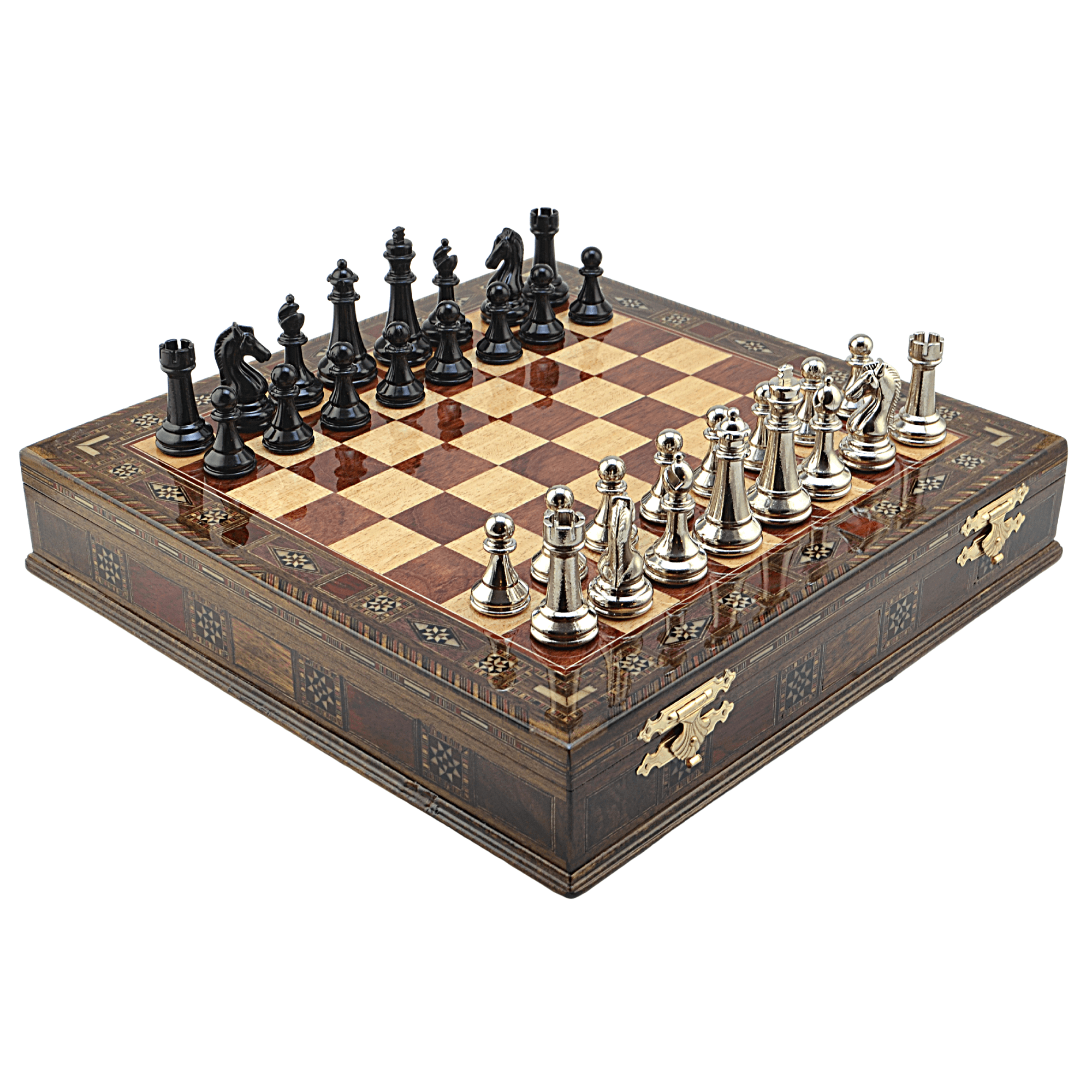 GiftHome Premium Black Metal Klasik Satranç Takımı ve El İmali Masif Ahşap Sandıklı (Gül) Tahtası (38X38X6 cm.)