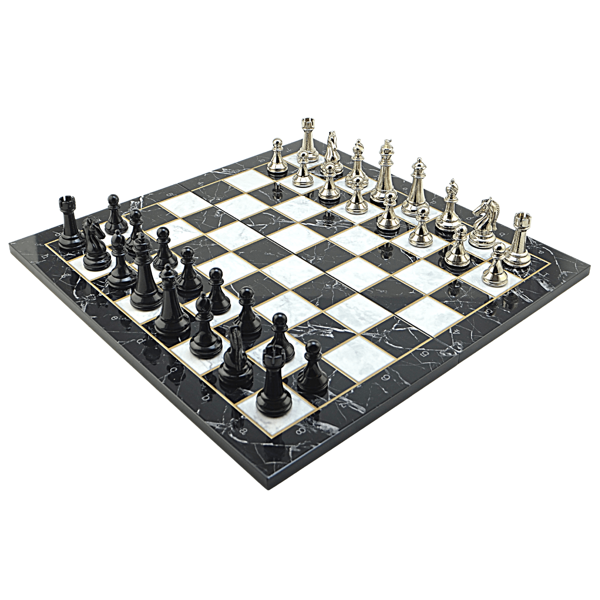 GiftHome Premium Black Metal Klasik Satranç Takımı ve Katlanır Mermer Desenli MDF Tahtası (43X43 cm.)