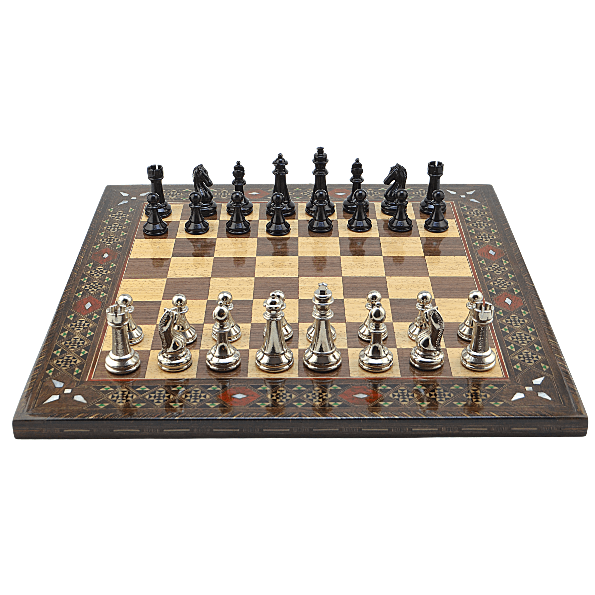 GiftHome Premium Black Metal Klasik Satranç Takımı ve El İmali Masif Ahşap DÜZ (Ceviz) Tahtası (45X45X2 cm.)