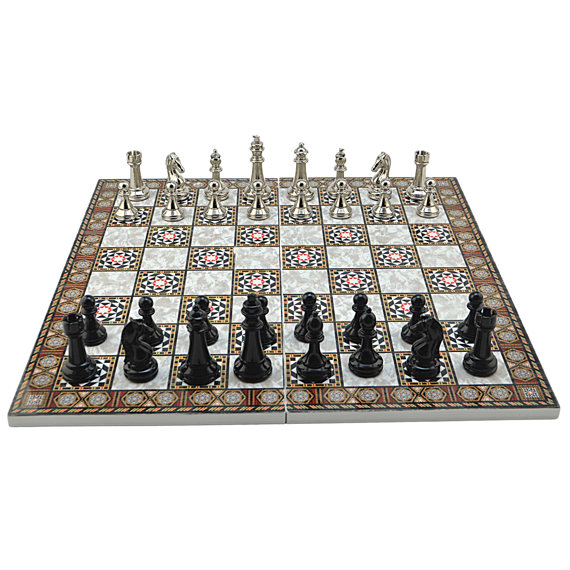 GiftHome Premium Black Metal Klasik Satranç Takımı ve Katlanır Sedef Desenli MDF Tahtası (43X43 cm.)