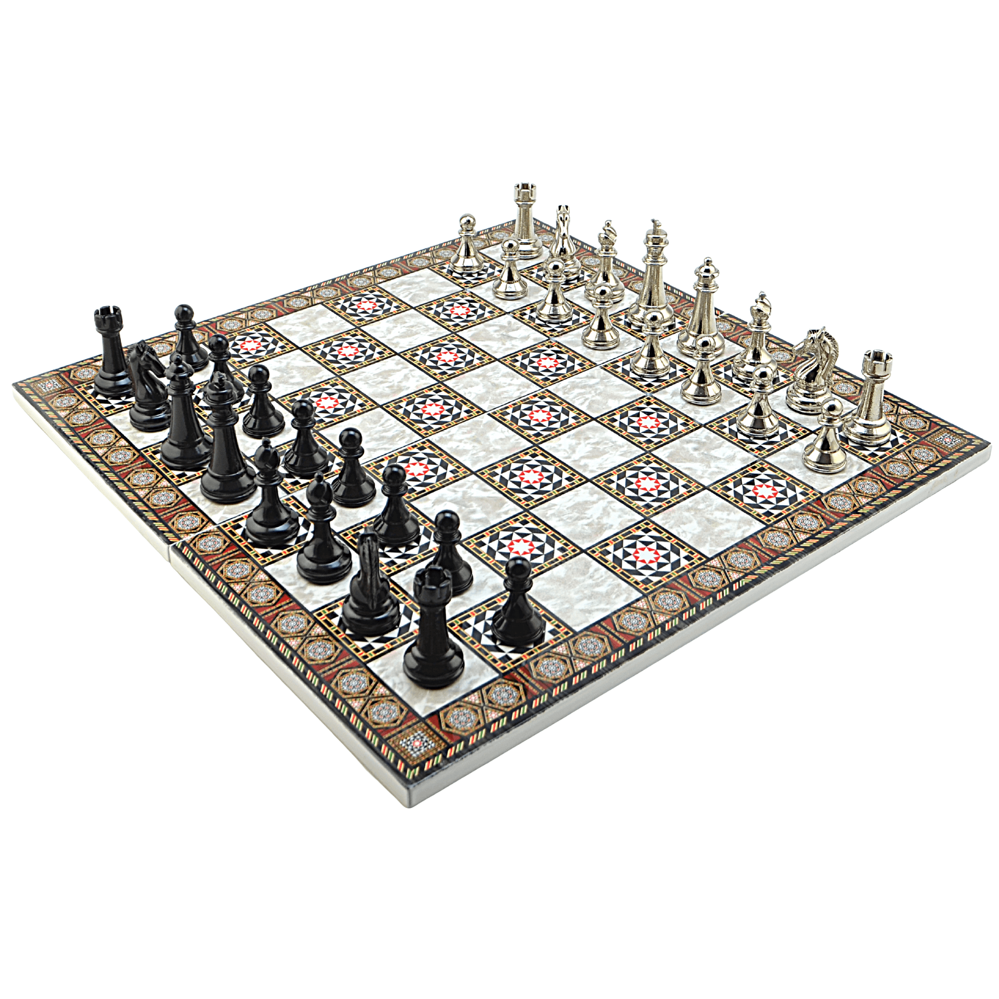 GiftHome Premium Black Metal Klasik Satranç Takımı ve Katlanır Sedef Desenli MDF Tahtası (43X43 cm.)