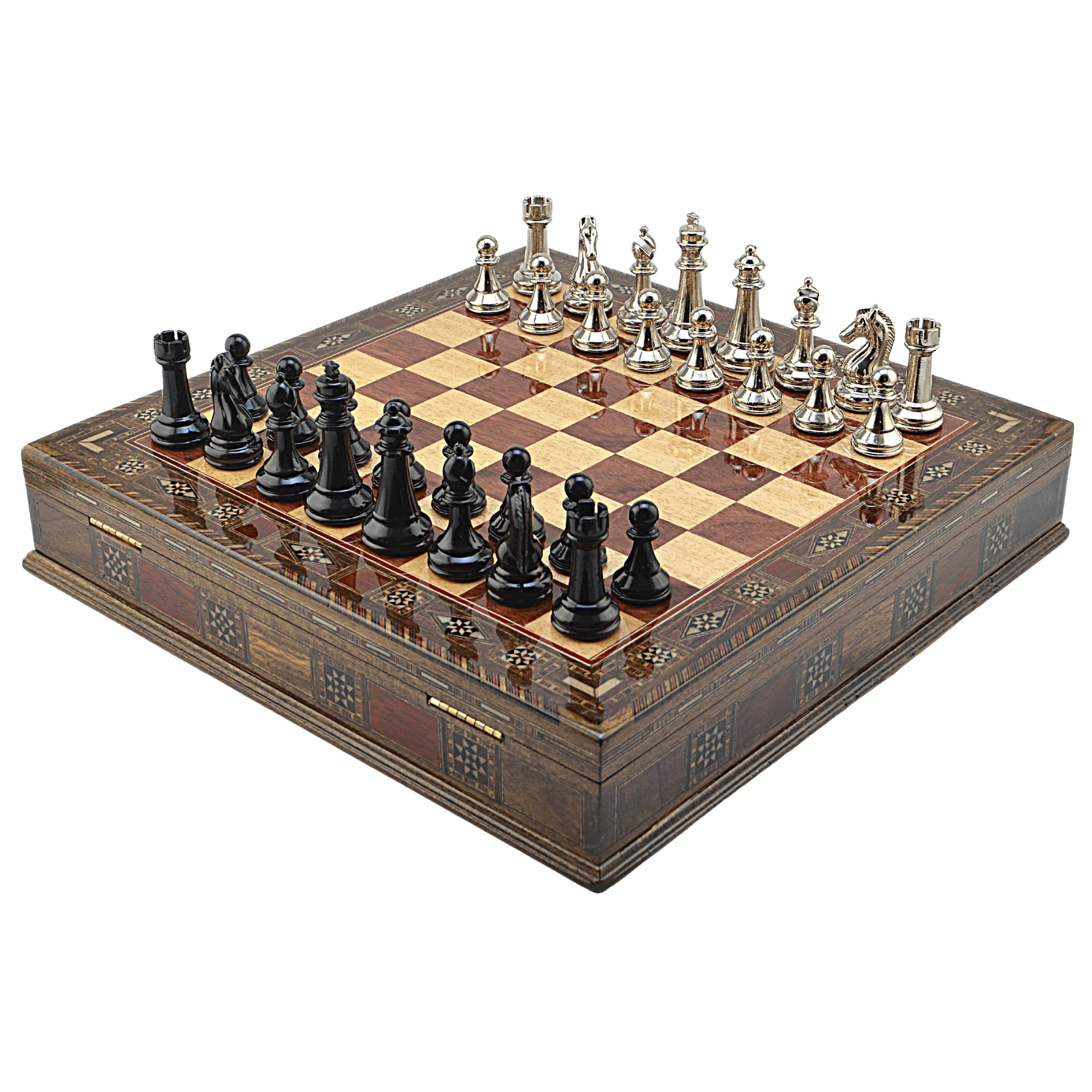 GiftHome Premium Black Metal Klasik Satranç Takımı ve El İmali Masif Ahşap Sandıklı (Gül) Tahtası (38X38X6 cm.)