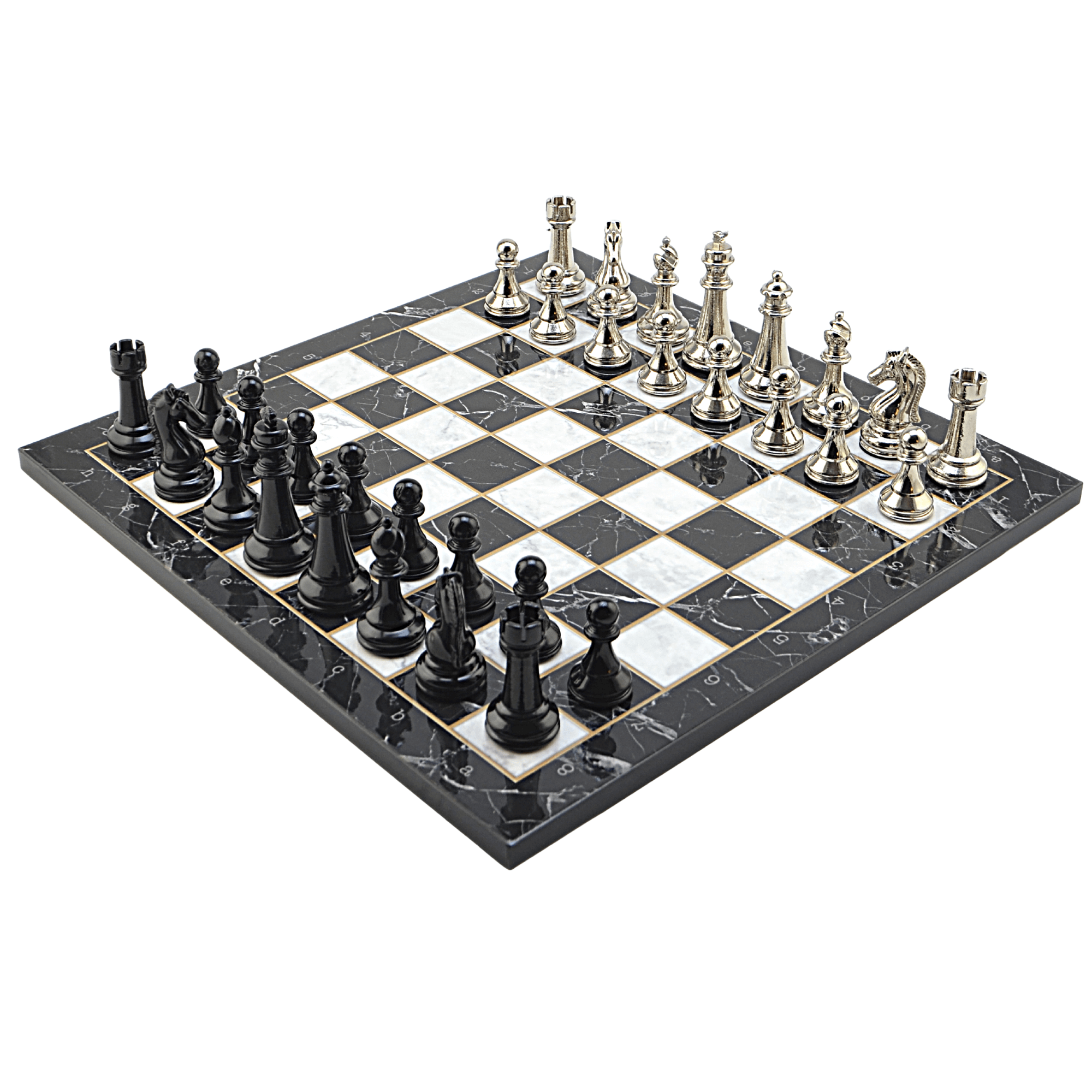 GiftHome Premium Black Metal Klasik Satranç Takımı ve Mermer Desenli Düz MDF Tahtası (37X37 cm.)