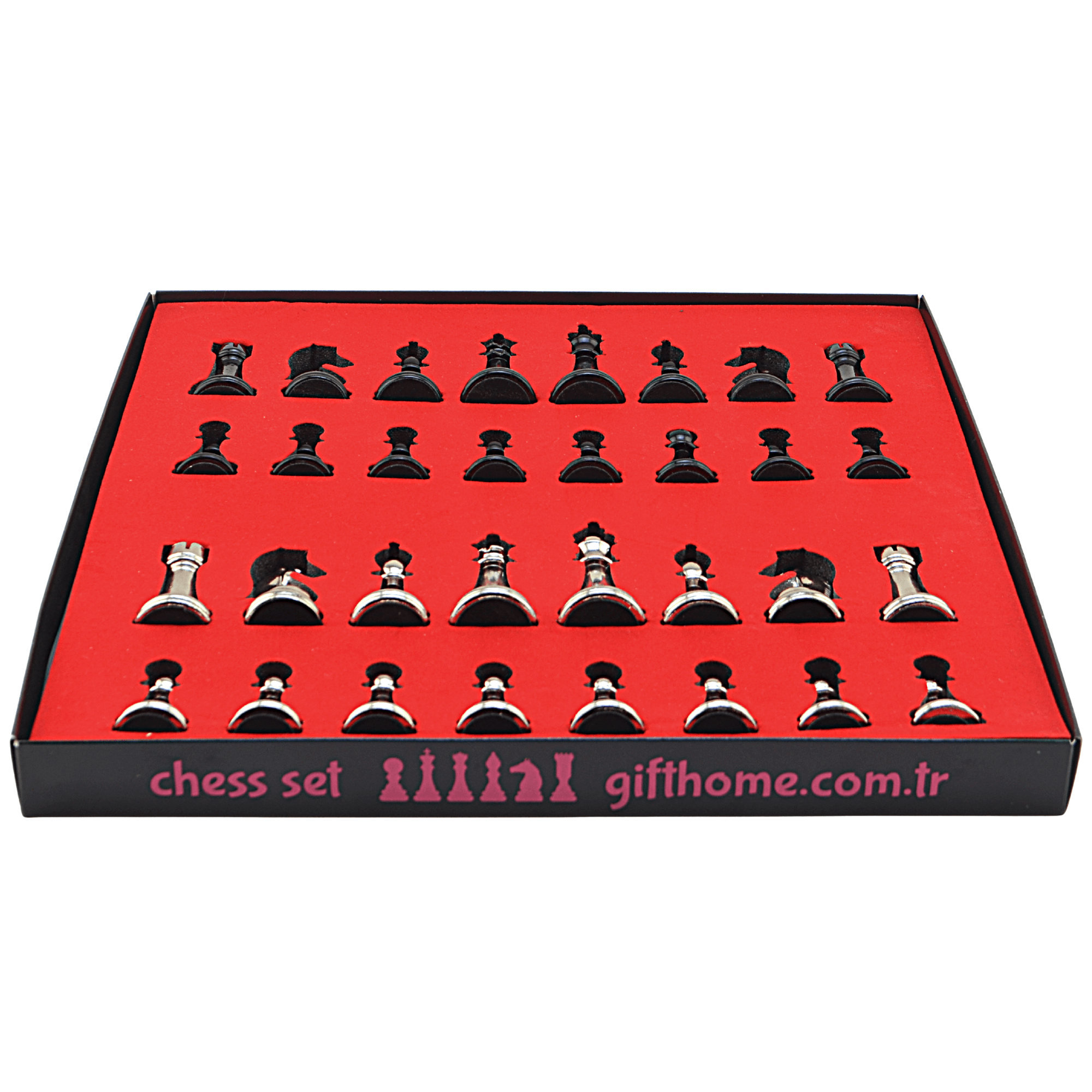 GiftHome Premium Black Metal Klasik Satranç Takımı ve El İmali Masif Ahşap DÜZ (Gül) Tahtası (45X45X2 cm.)