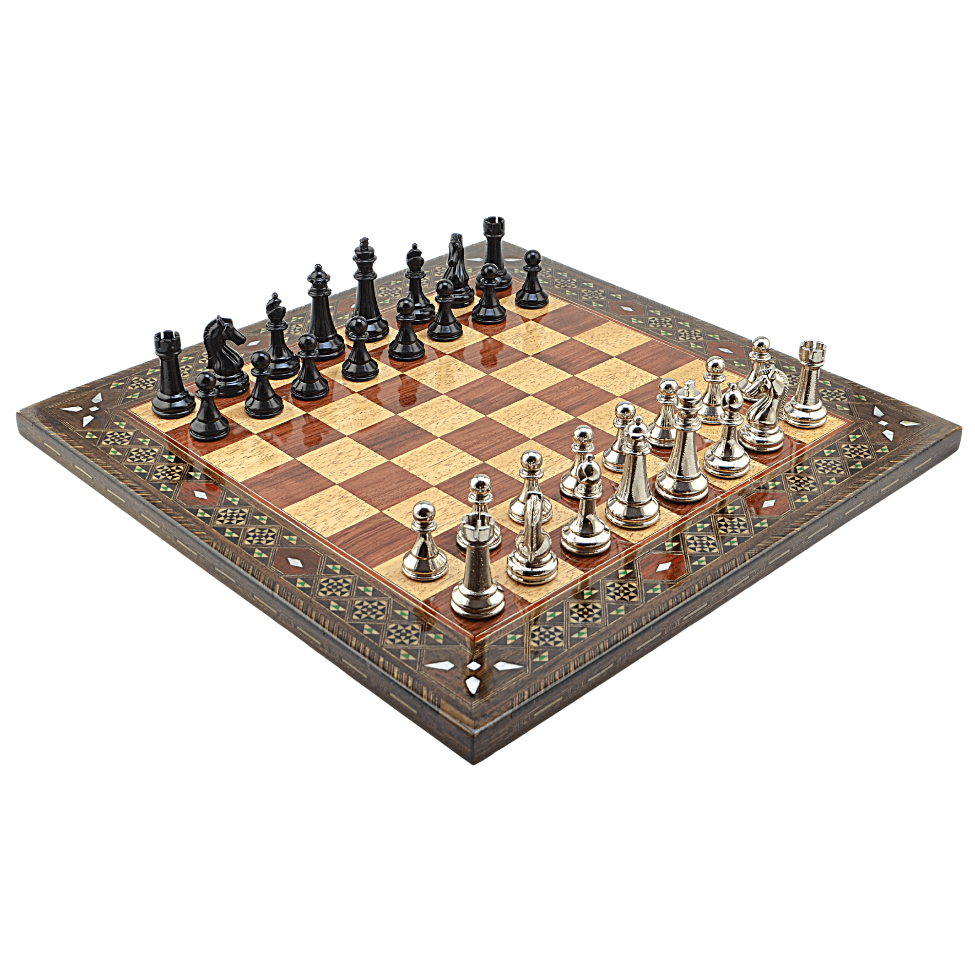 GiftHome Premium Black Metal Klasik Satranç Takımı ve El İmali Masif Ahşap DÜZ (Gül) Tahtası (45X45X2 cm.)