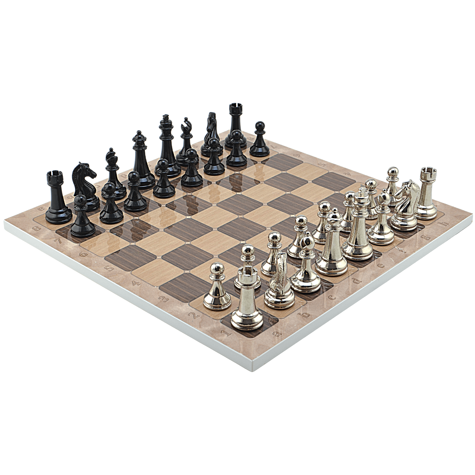 GiftHome Premium Black Metal Klasik Satranç Takımı ve Rustik Ceviz Desenli MDF Satranç Tahtası (37X37 cm.)