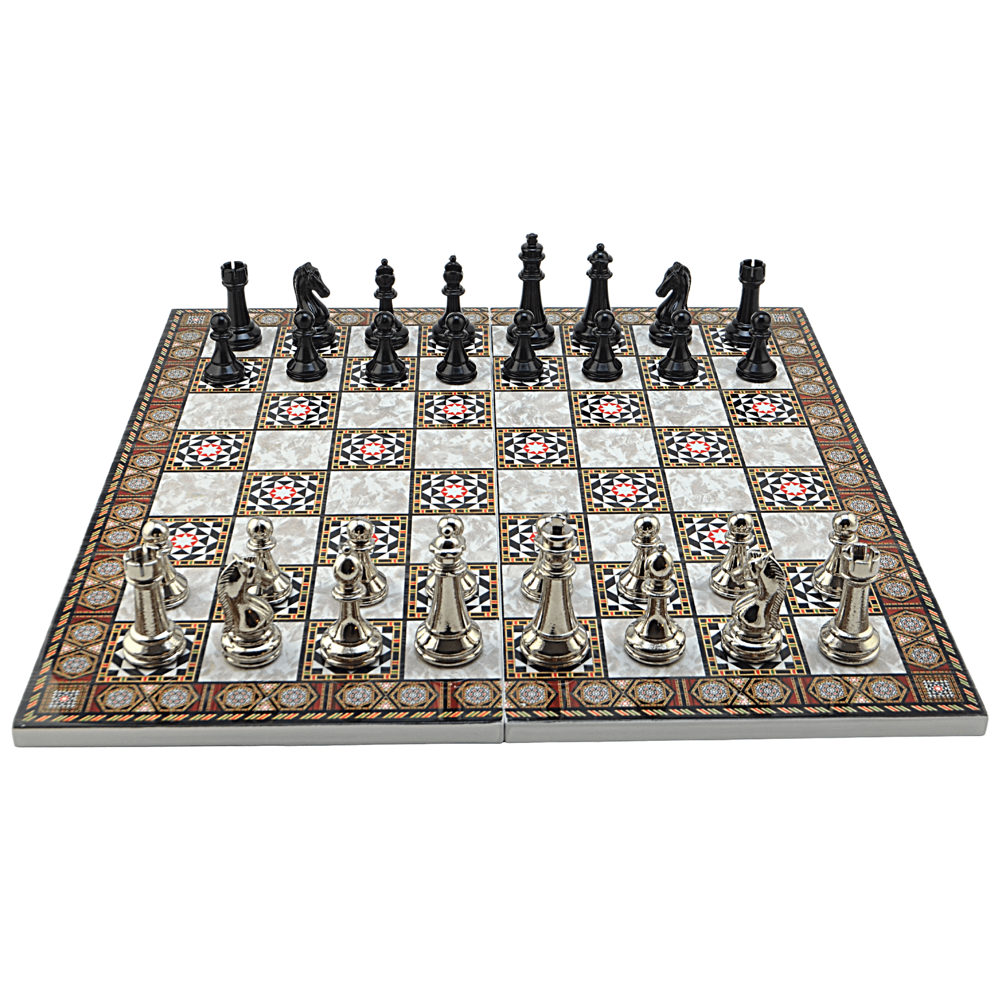 GiftHome Premium Black Metal Klasik Satranç Takımı ve Katlanır Sedef Desenli MDF Tahtası (43X43 cm.)