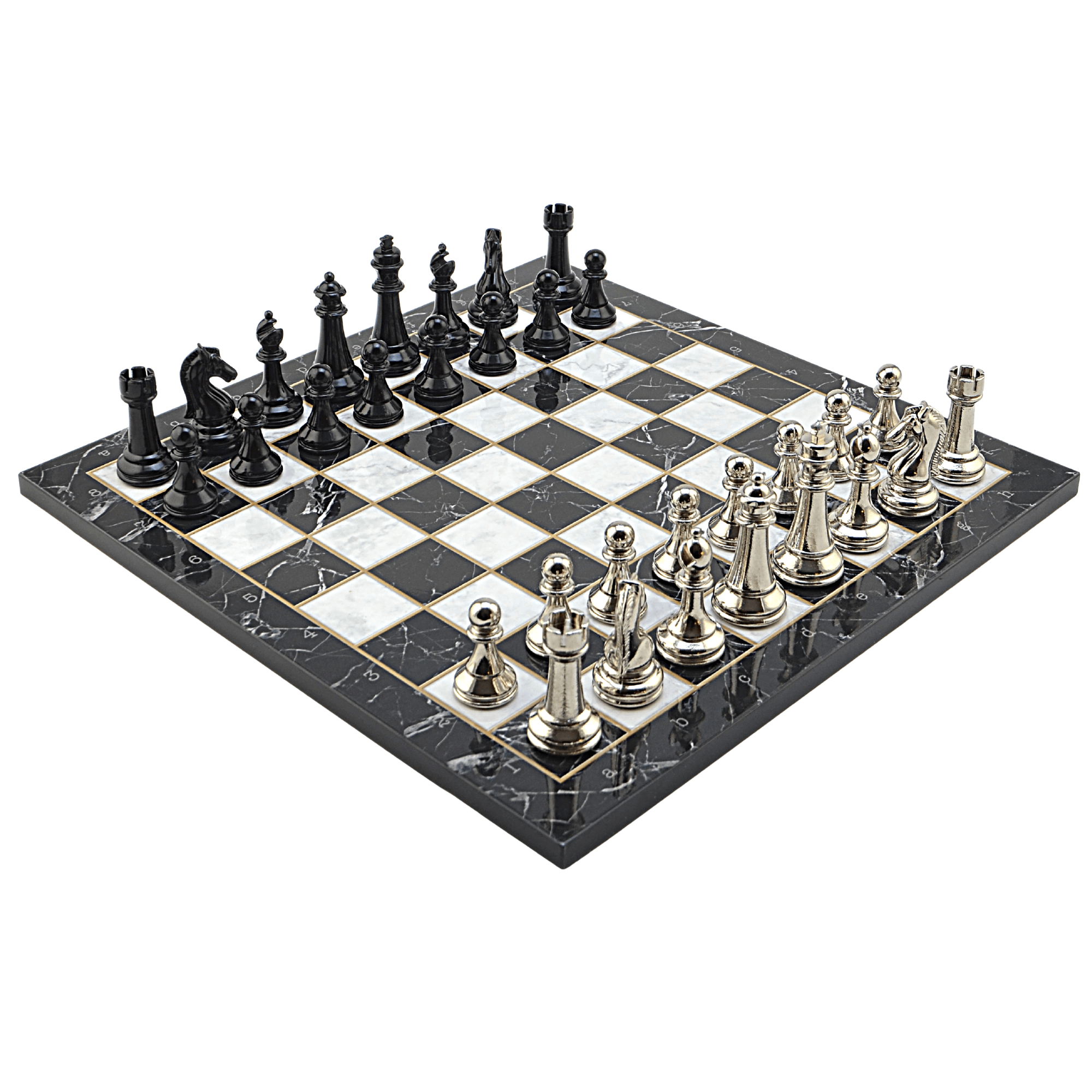 GiftHome Premium Black Metal Klasik Satranç Takımı ve Mermer Desenli Düz MDF Tahtası (37X37 cm.)