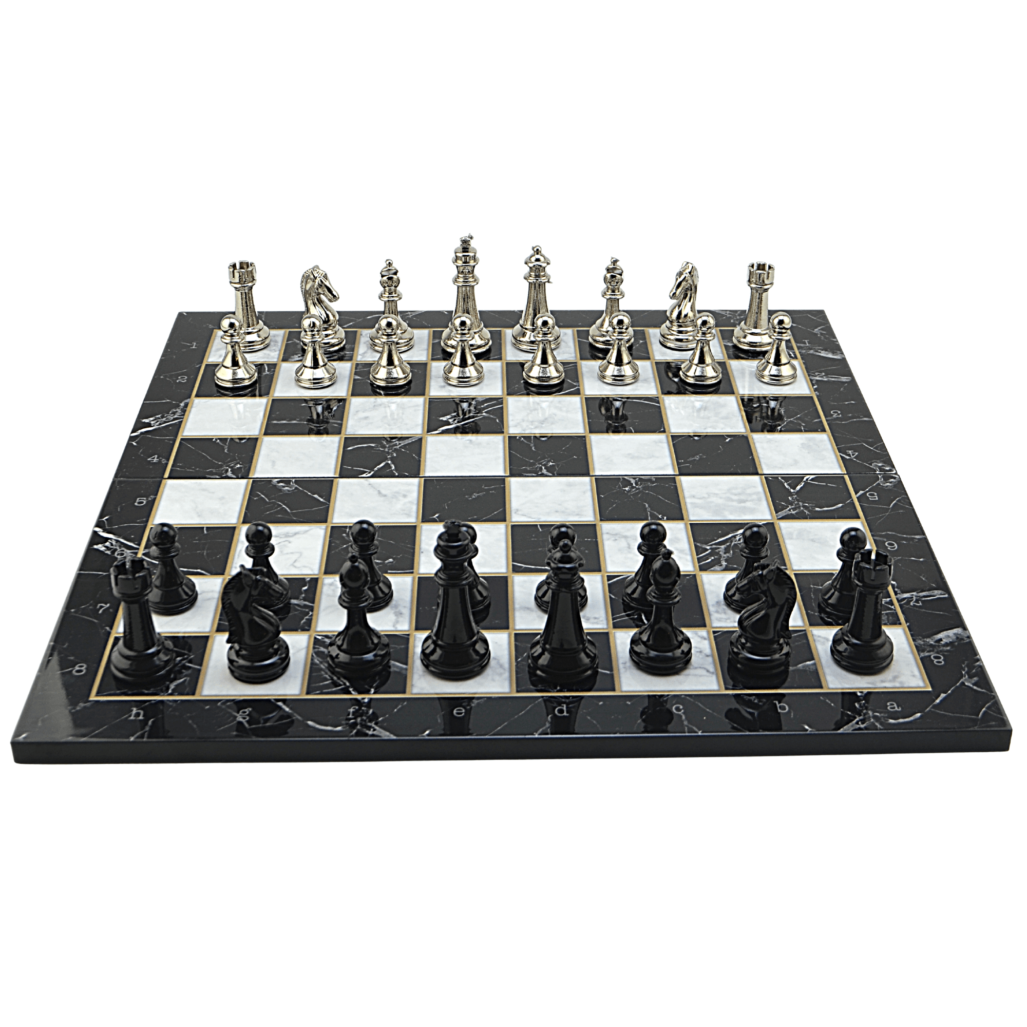 GiftHome Premium Black Metal Klasik Satranç Takımı ve Katlanır Mermer Desenli MDF Tahtası (43X43 cm.)