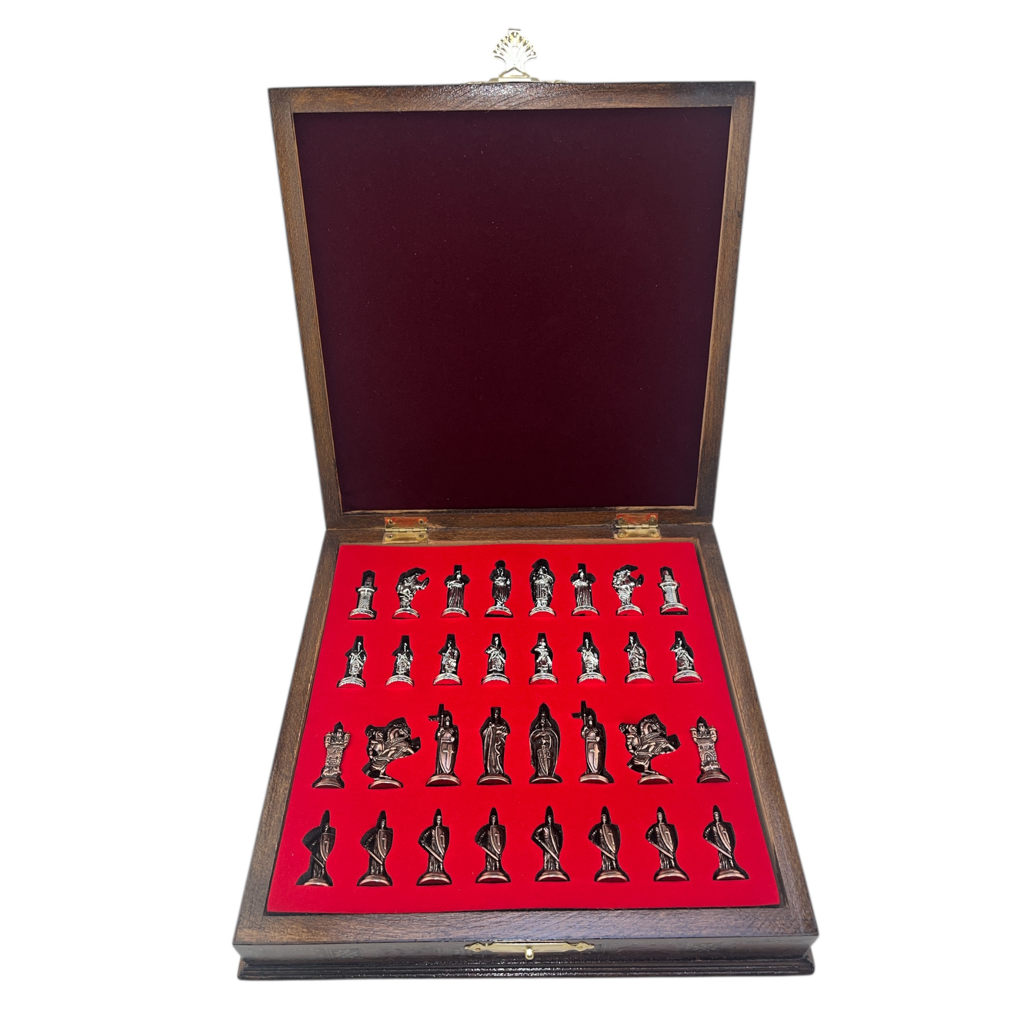 GiftHome Premium Orta Boy Metal OSMANLI & İNGİLİZ Satranç Takımı  ve Sandıklı Masif Ahşap Satranç Tahtası (28x28x5,5 cm.)