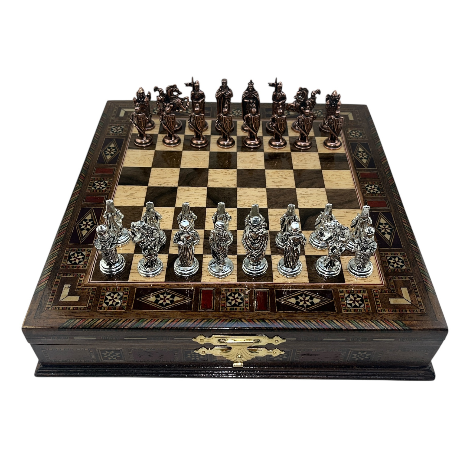 GiftHome Premium Orta Boy Metal OSMANLI & İNGİLİZ Satranç Takımı  ve Sandıklı Masif Ahşap Satranç Tahtası (28x28x5,5 cm.)