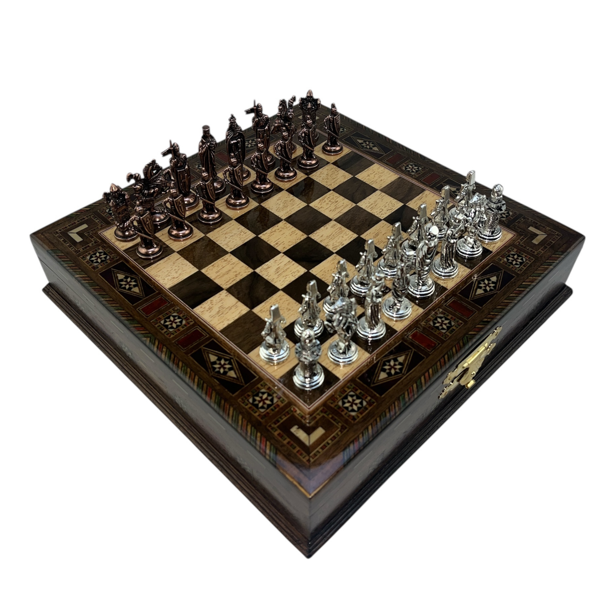 GiftHome Premium Orta Boy Metal OSMANLI & İNGİLİZ Satranç Takımı  ve Sandıklı Masif Ahşap Satranç Tahtası (28x28x5,5 cm.)