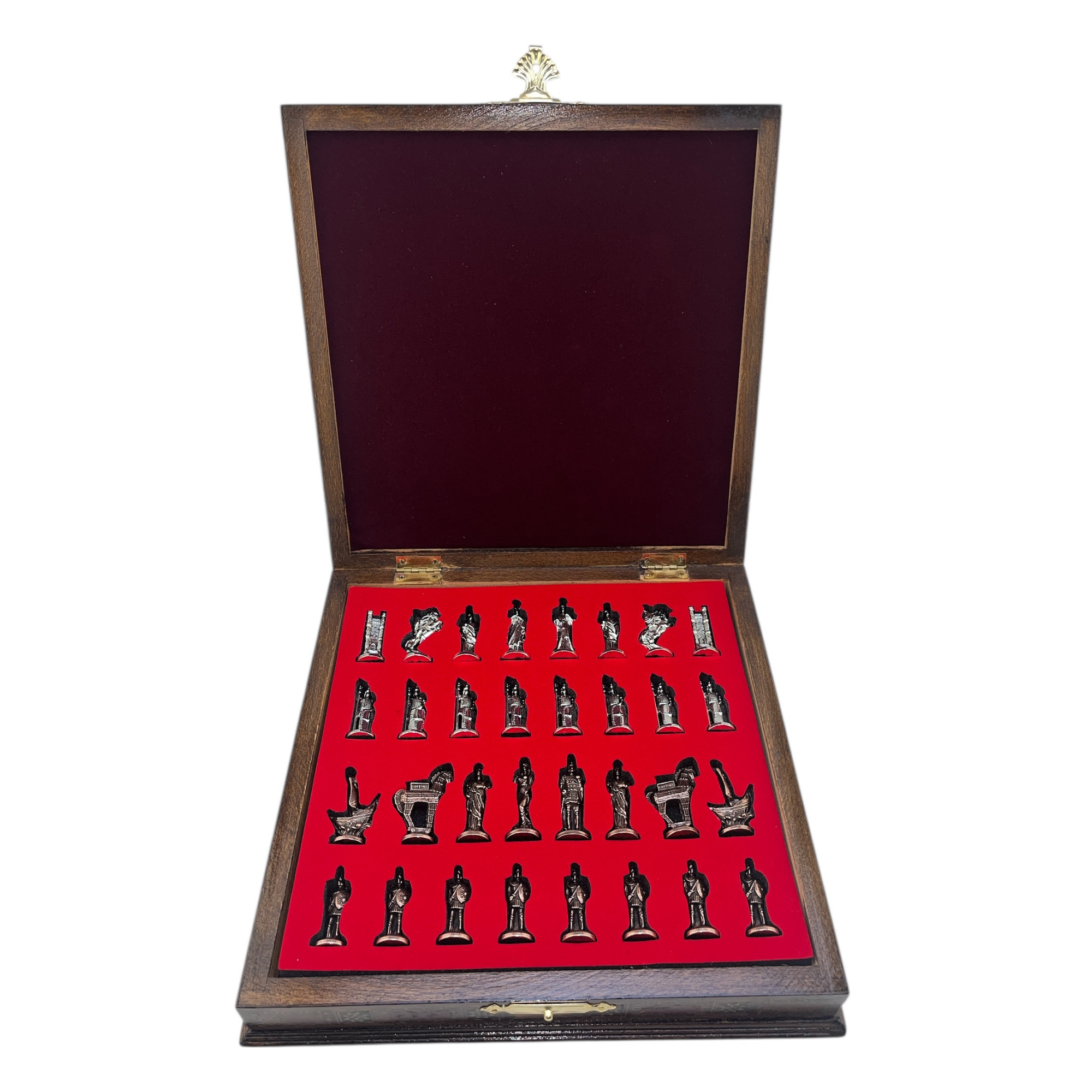 GiftHome Premium Orta Boy Metal TRUVA & SPARTA Satranç Takımı  ve Sandıklı Masif Ahşap Satranç Tahtası (28x28x5,5 cm.)