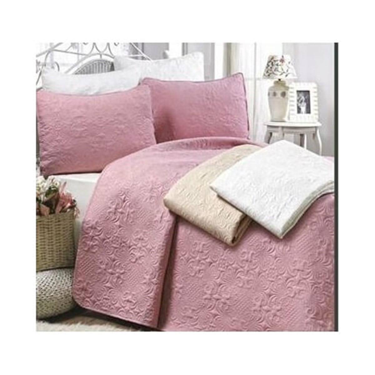 Kapitone Pike Takımı Düz Renkli Çift Kişilik (230 cm X 250 cm.)-Yavruağzı