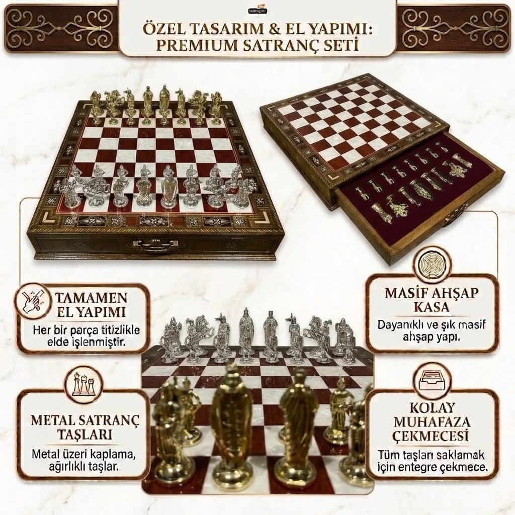Kişiye Özel İsimli EL YAPIMI Büyük Boy Parlak İNGİLİZ FİGÜRLÜ Kırmızı Masif Ahşap Çekmeceli Satranç Takımı 