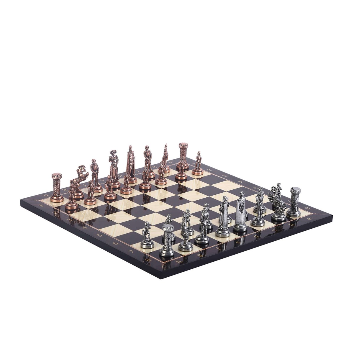 Metal  İngiliz Satranç Takımı Orta Boy Antik ve Ceviz  Tahtası